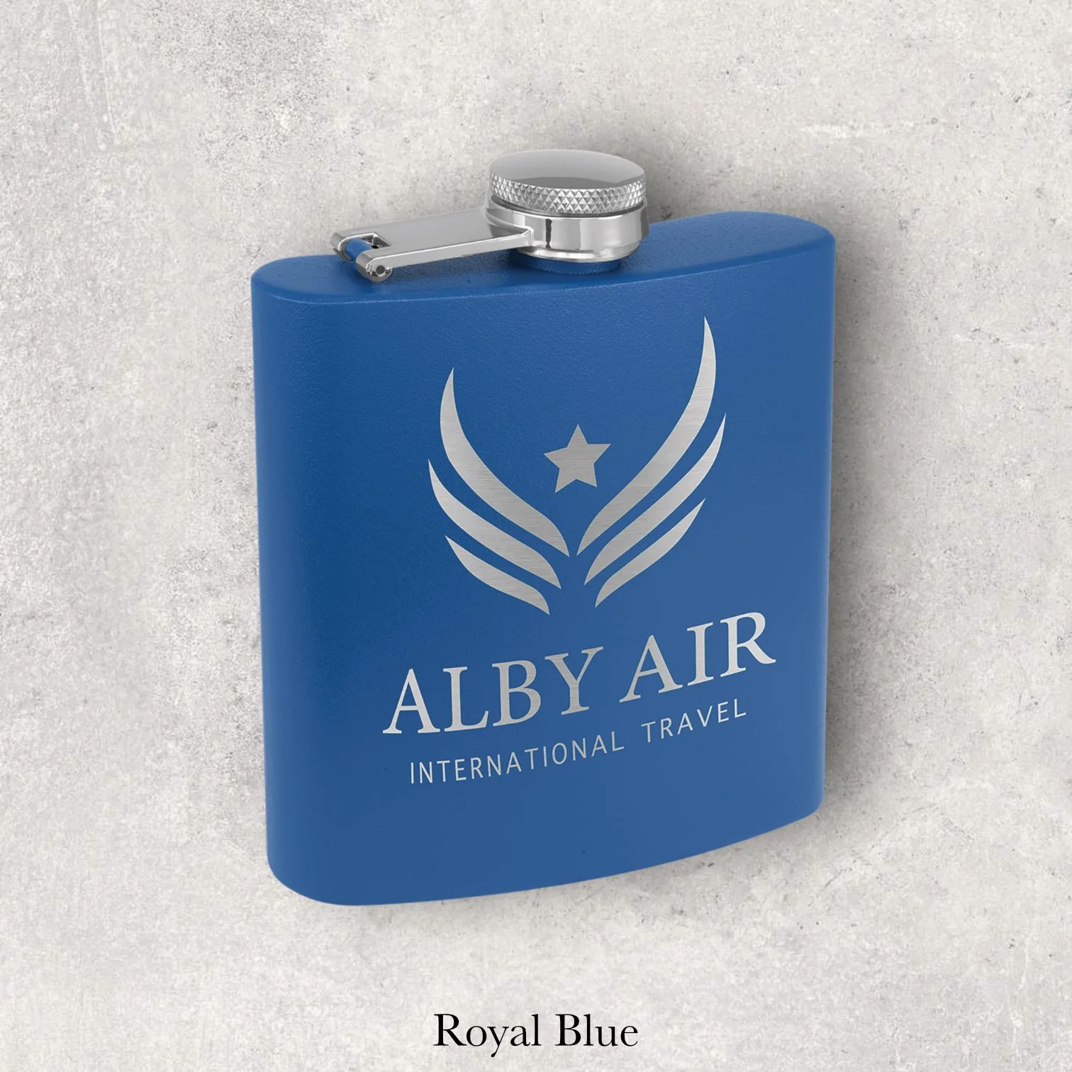 Royal blue 6oz metal flask engraved with Alby Air International Travel winged logo, engraved by Lazeric