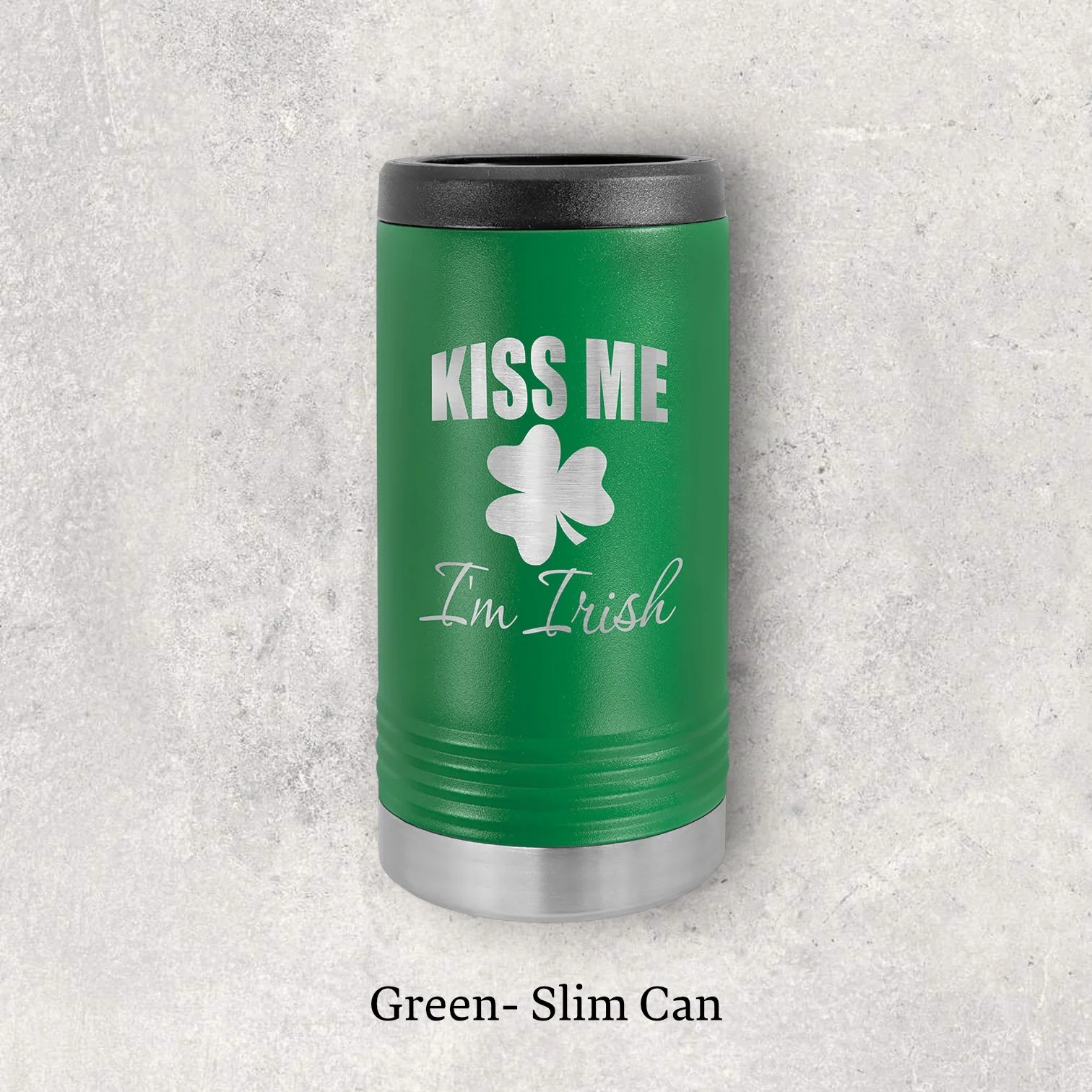 Laser engraved green metal beverage holder for slim 12 oz can – Lazeric