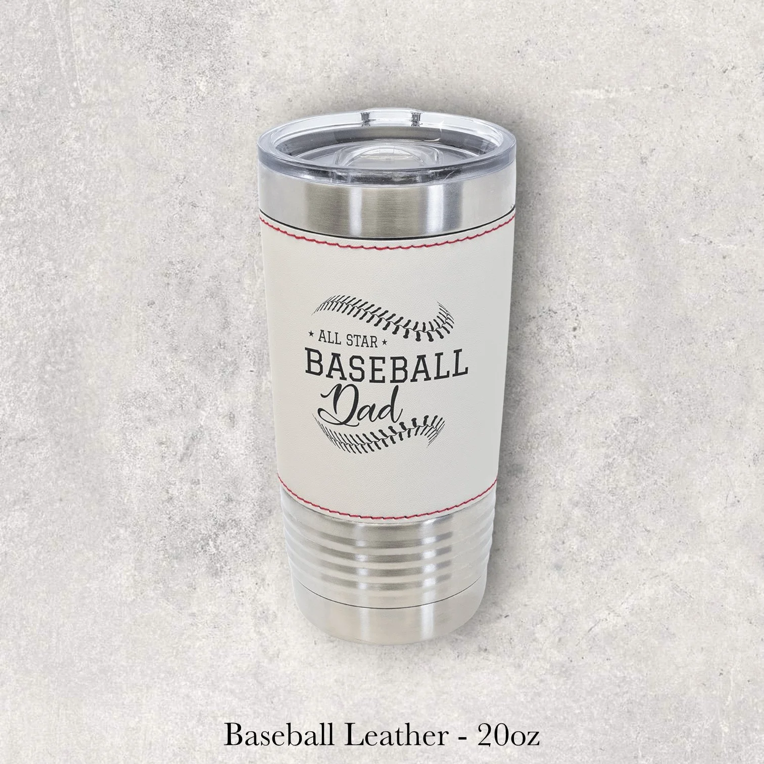 Silver base baseball leather 20oz tumbler with “All Star Baseball Dad” text and baseball graphic, engraved by Lazeric
