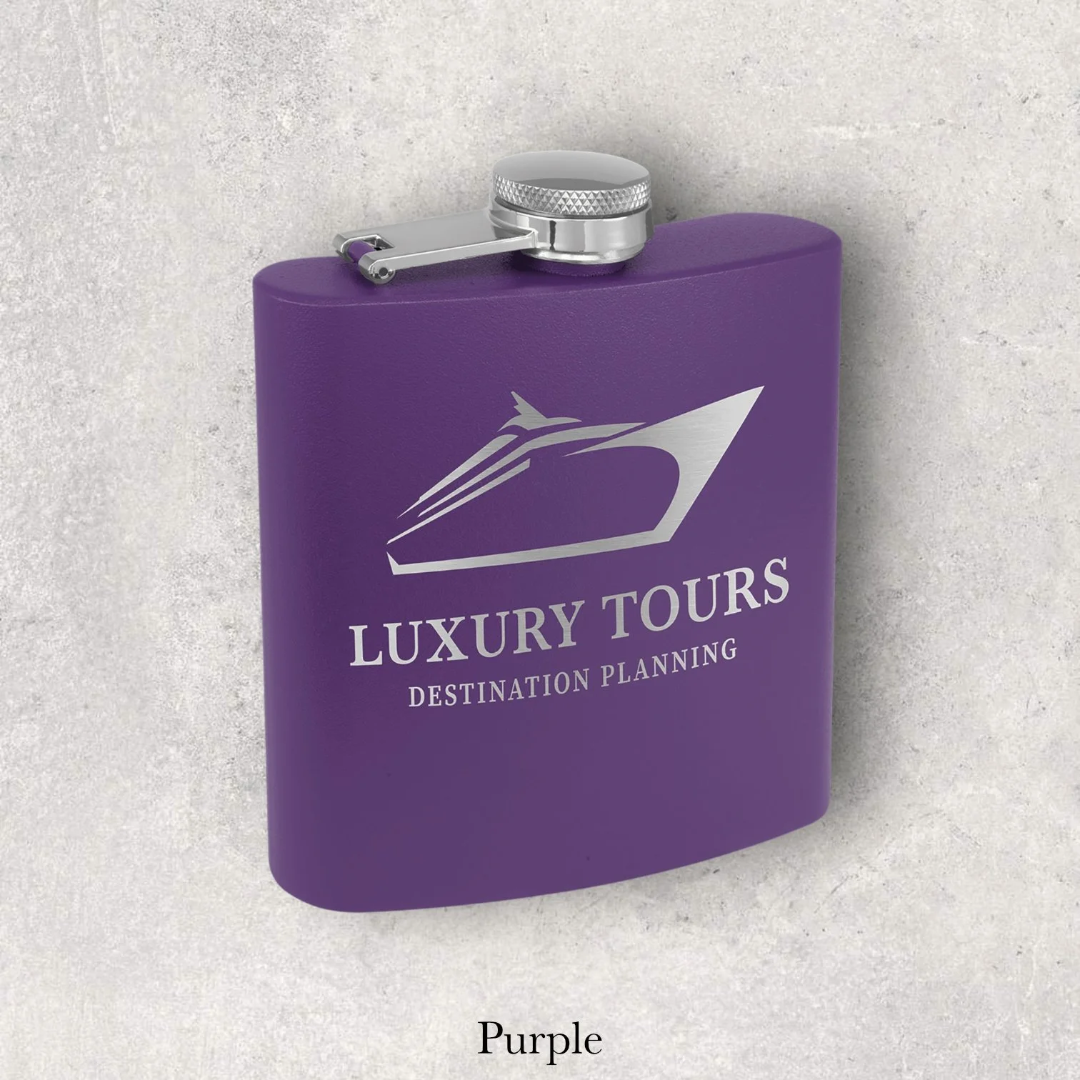 Purple 6oz metal flask engraved with Luxury Tours destination planning logo, engraved by Lazeric