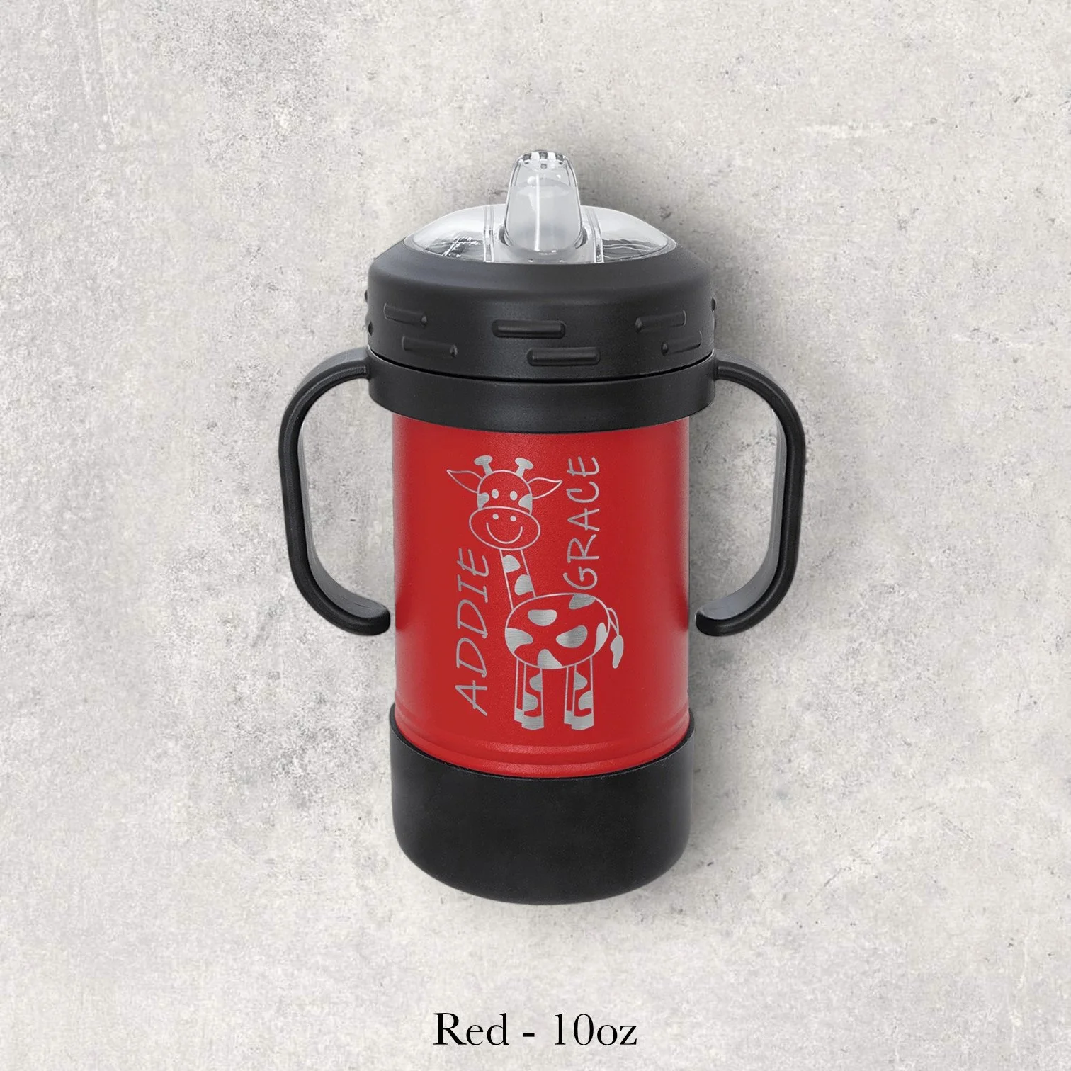 Red – 10oz metal sippy cup engraved with “Adzey’s Garage” robot-themed logo, custom laser engraved by Lazeric.