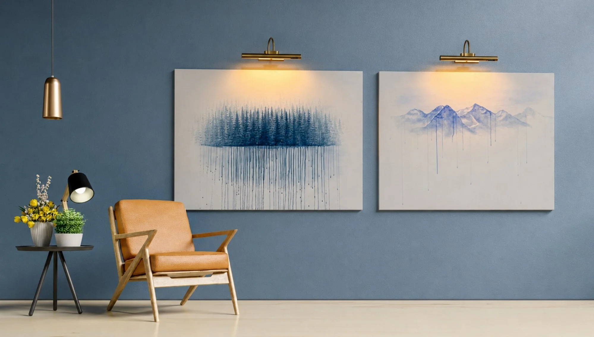 Distant Peaks and Fading Pines watercolor fine art prints by Ripple & Roam, side by side in a modern blue interior.