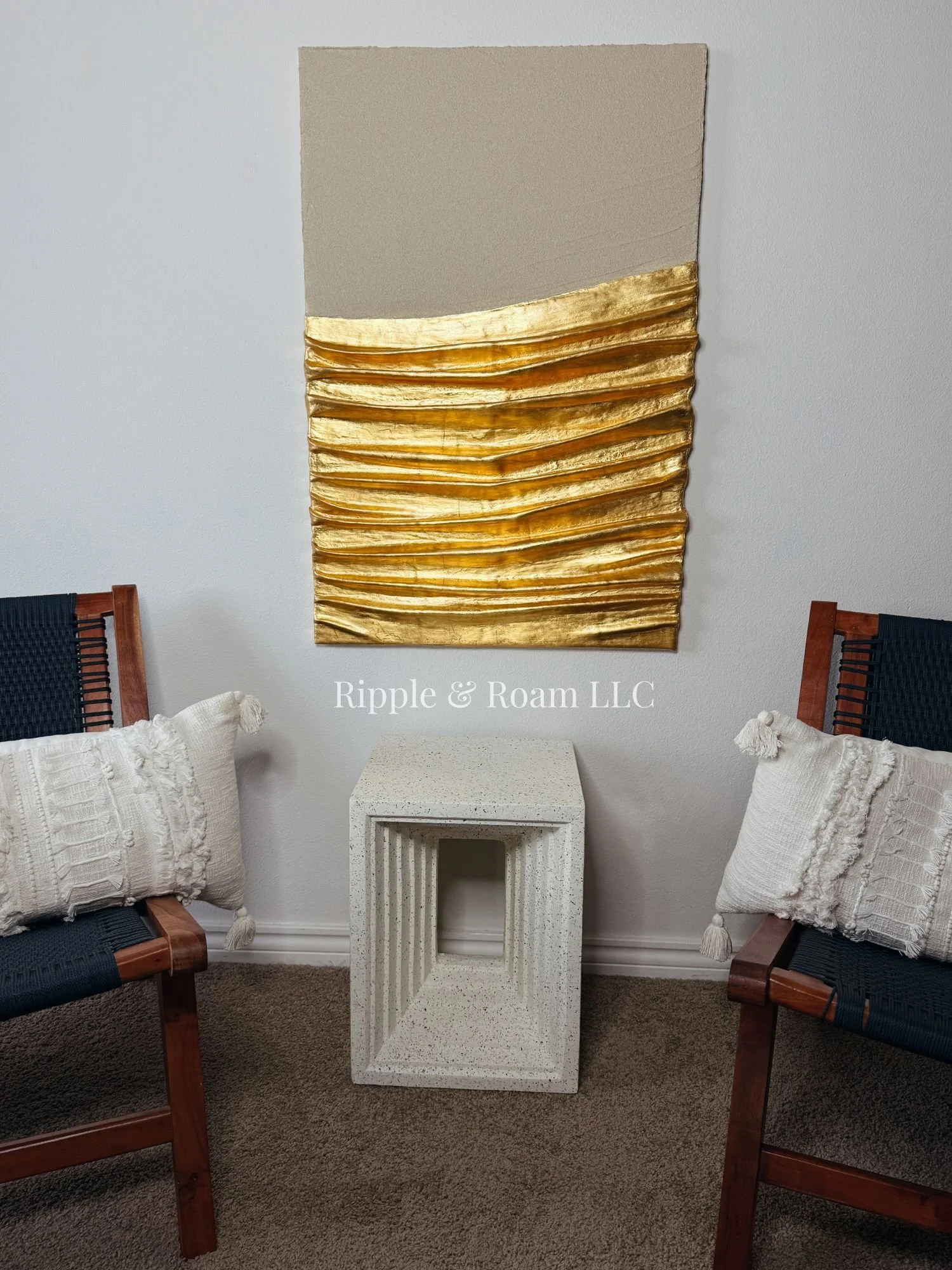 48x36 inch textured abstract painting featuring real 24k gold leaf and natural sand in a wave-like composition inspired by sunlight on the beach.