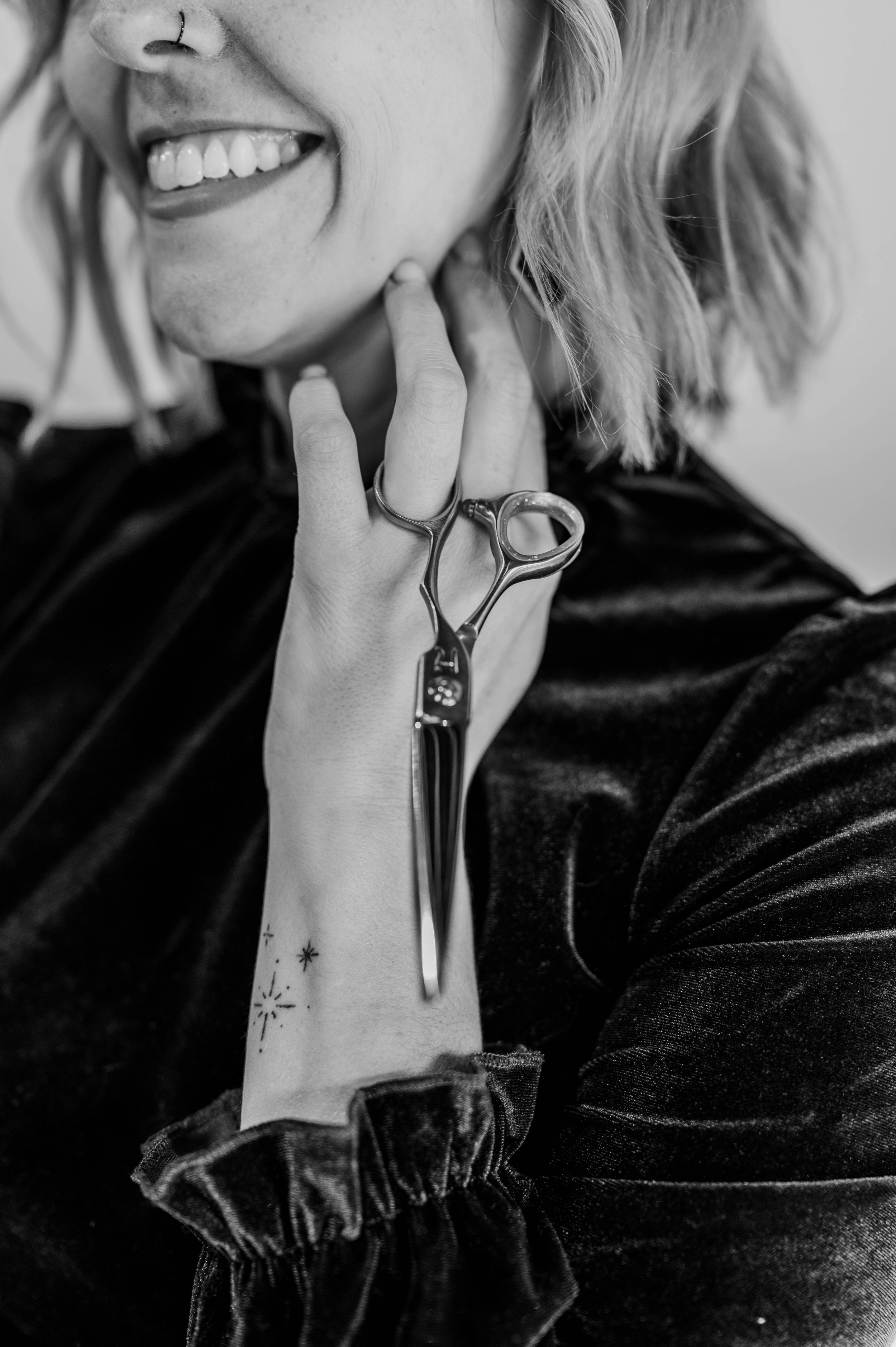 Detail image of hairdresser's shears taken during product and brand photography shoot.