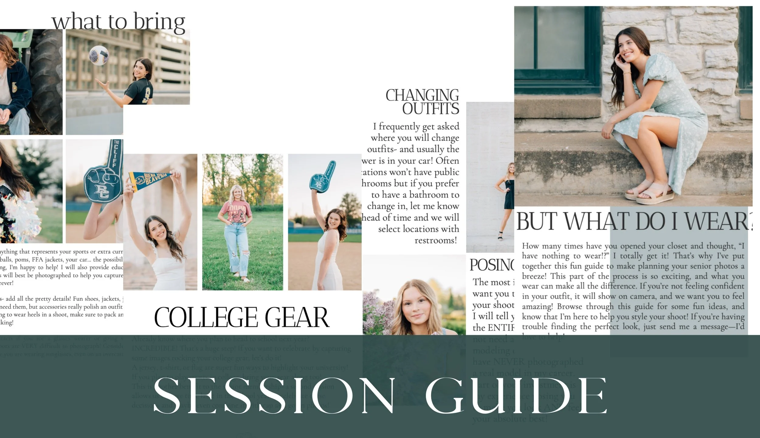 Sneak peek of senior session guide provided by Claire Petersen photography for all senior photo session clients.