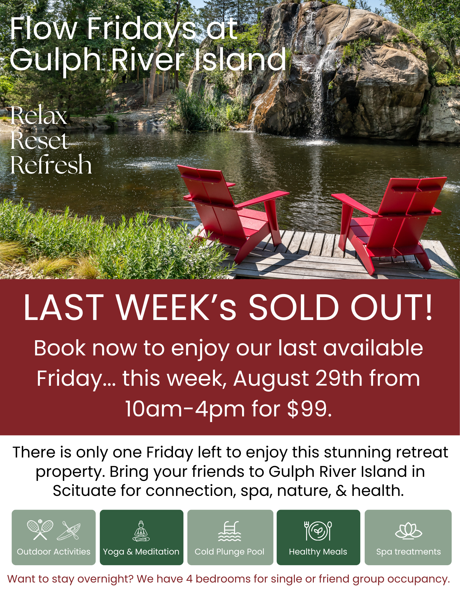 A scenic view of a pond with a small waterfall, surrounded by trees and rocks. Two red Adirondack chairs are positioned on a wooden dock facing the water.