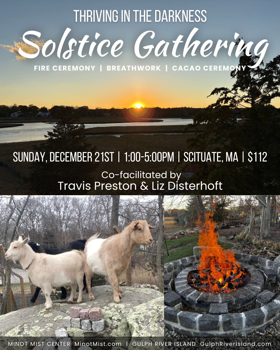 Poster for a Solstice Gathering event with a sunset over a river, goats, and a fire pit in a backyard.