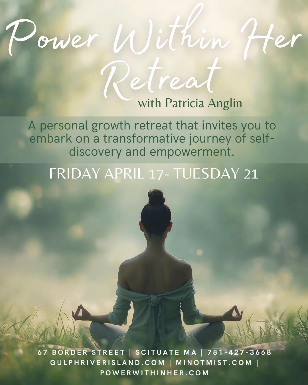 A woman practicing yoga outdoors by a calm lake at sunrise or sunset, with trees and soft light in the background.