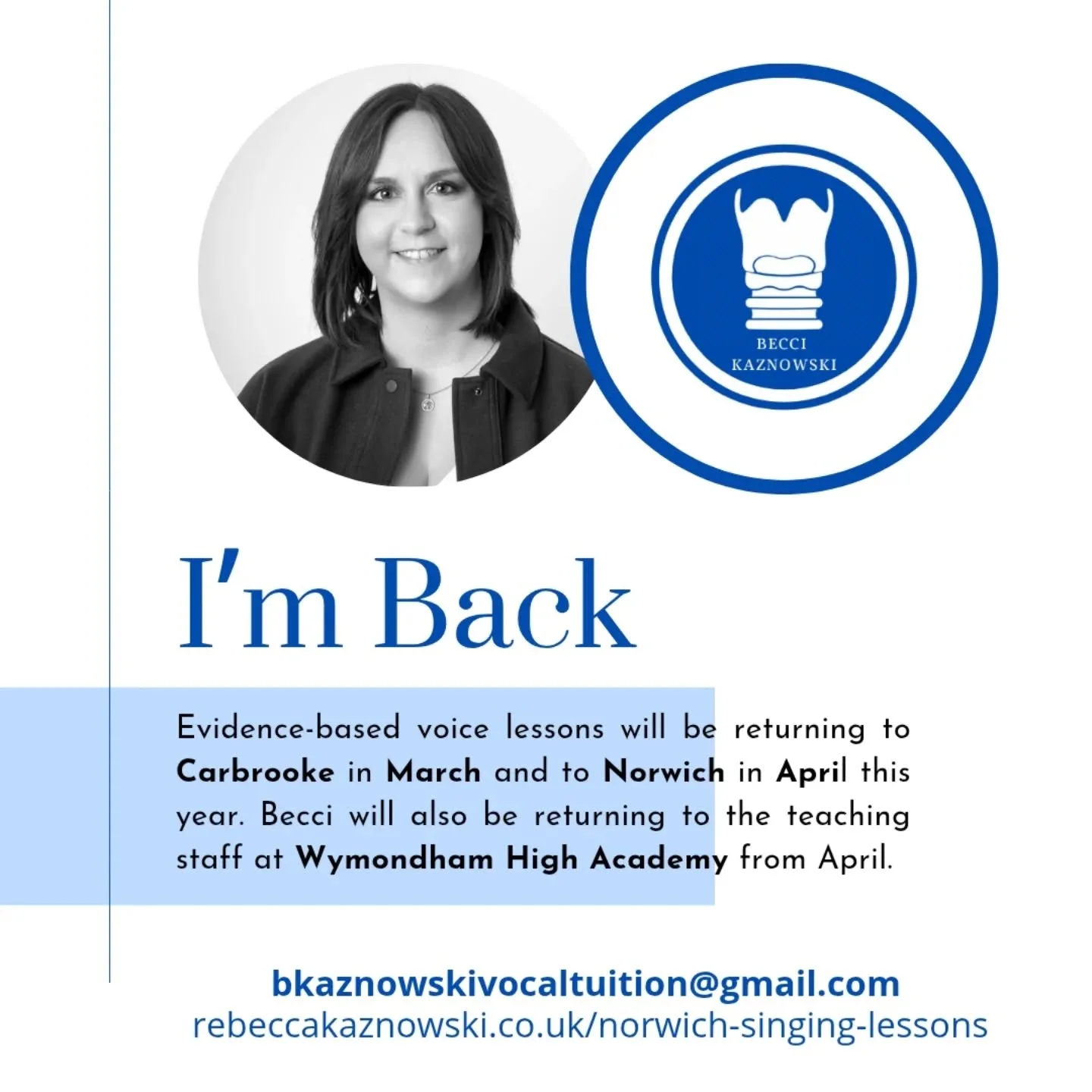 I&rsquo;m excited to share that I&rsquo;m back from maternity leave and am in the process of setting up my teaching practice again. I&rsquo;ll be teaching in Carbrooke from Saturday 14th March, and starting in Norwich on Thursdays (date to be confirm