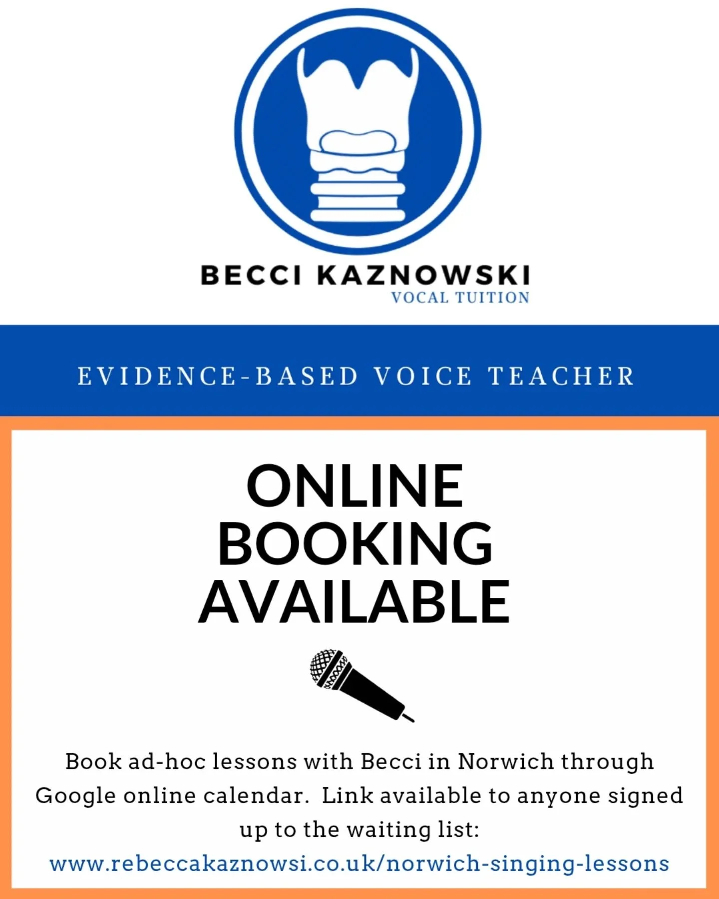 🎤ONLINE BOOKING AVAILABLE🎤

My Norwich teaching practice is at full capacity but did you know that I have a live online booking calendar? This means that when a regular student cancels a lesson and I have some one-off availability you are able to e