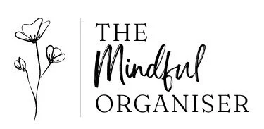 The Mindful Organiser Logo in black and white text with a blooming poppy flower stem