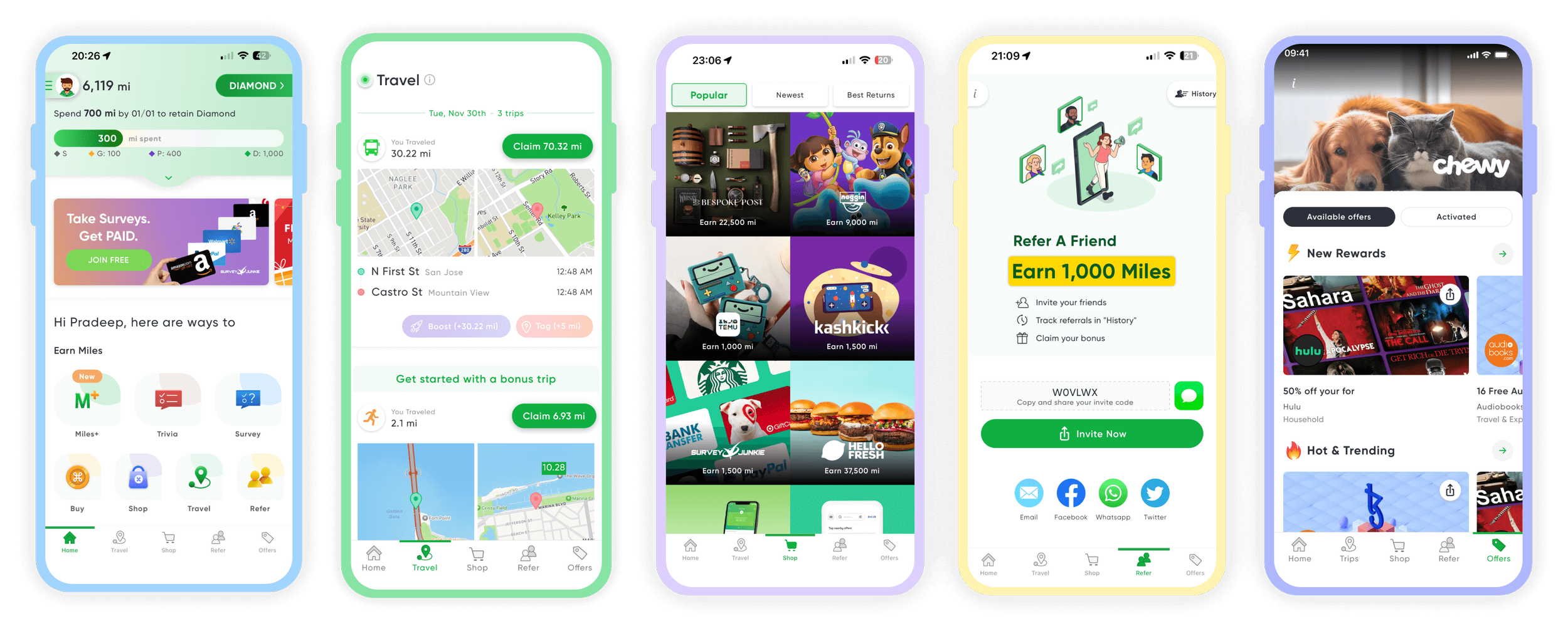Five smartphone screens displaying various features of a rewards app. The screens show ways to earn miles, travel tracking with maps, reward offers, referral bonuses, and pet-related products from Chewy. The interfaces include buttons for home, travel, shop, refer, and offers.
