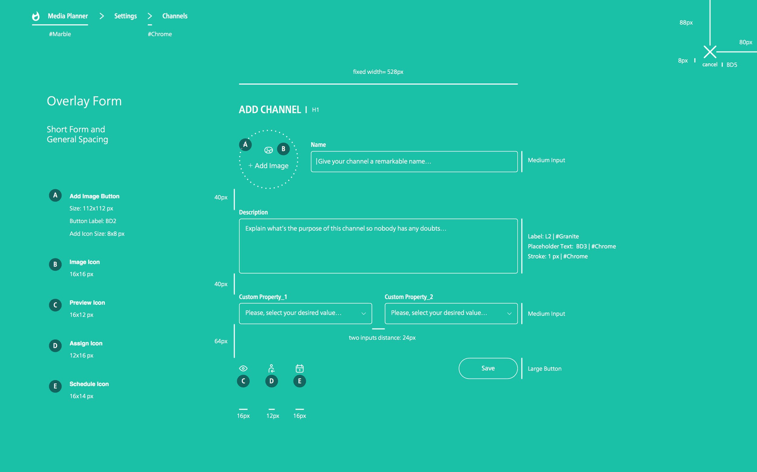 UI design for adding a channel with fields for name, description, custom properties, and options to add an image. Includes buttons and icons for various functions, with detailed spacing and size annotations.
