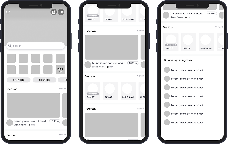 Three smartphone screens displaying a mobile app interface with sections for search, categories, and promotions. Includes placeholder text "Lorem ipsum dolor sit amet" and various discounts like "50% Off" and "$2 Gift Card." Has icons for user profile and security at the top, with a browse by categories list.