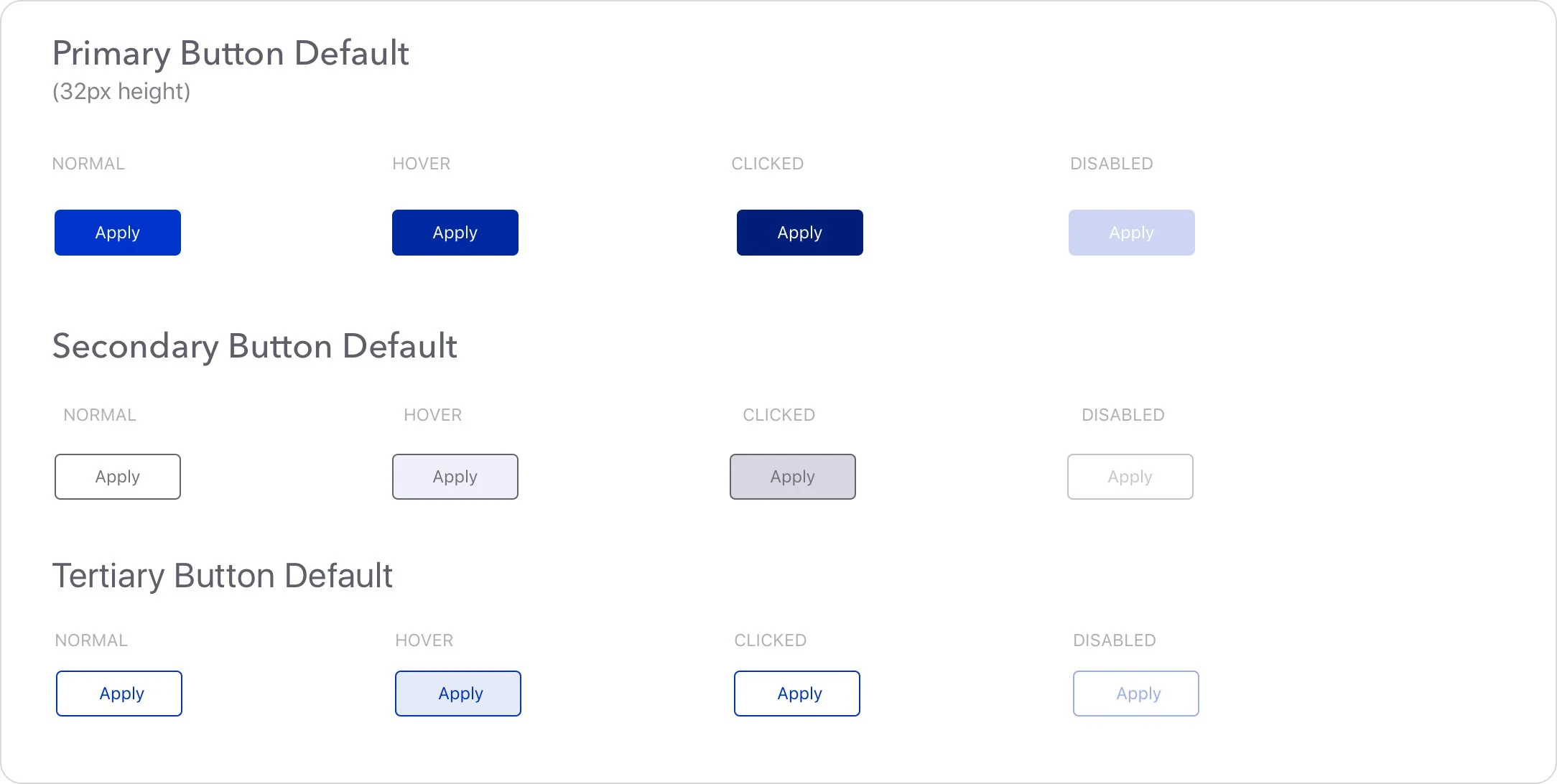 Image of button styles in various states: primary buttons in blue, secondary buttons in gray, and tertiary buttons with a blue outline. Each type shows normal, hover, clicked, and disabled states labeled "Apply."
