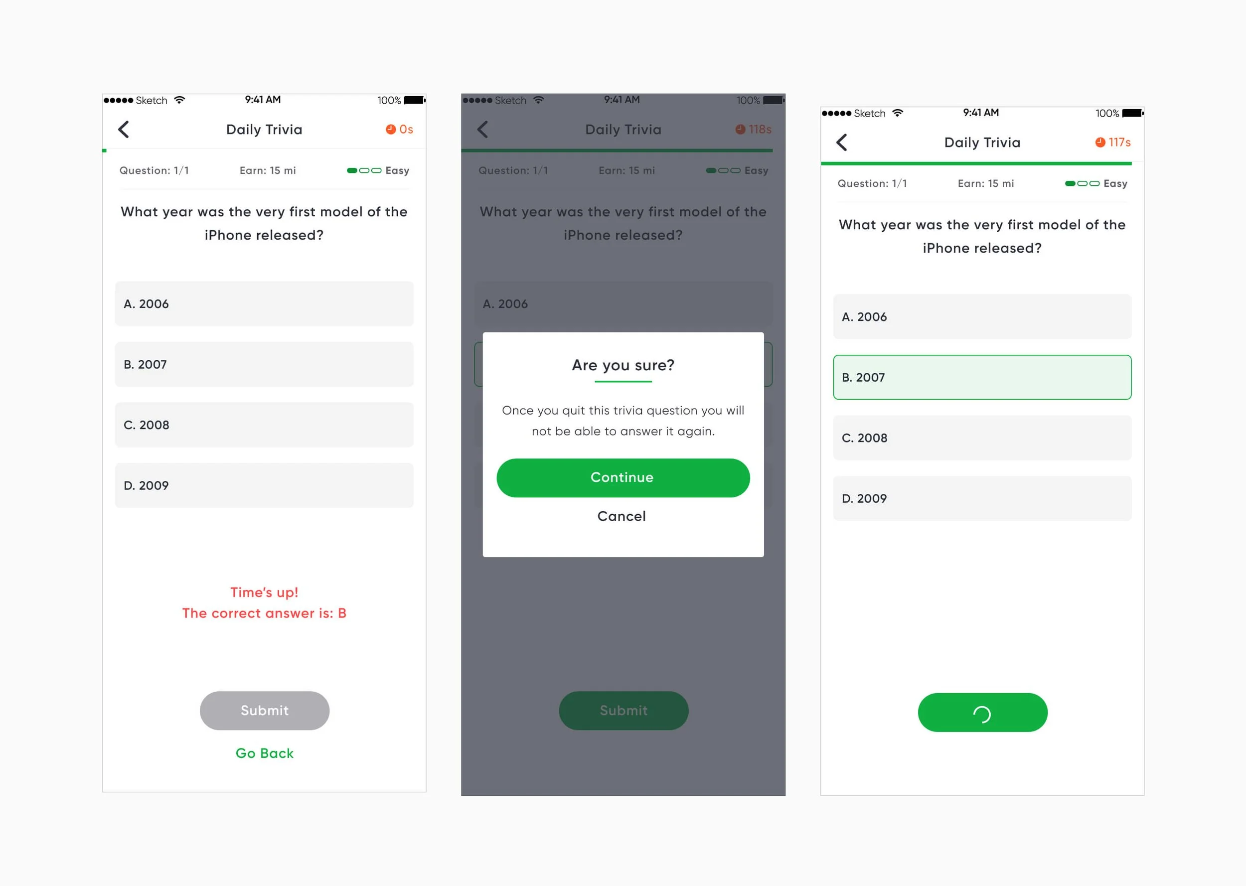 Mobile app interface showing a daily trivia question about the first iPhone release year with multiple-choice answers, feedback on selection, and a confirmation prompt.