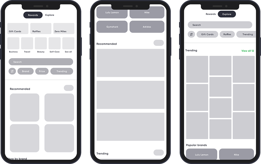 Three smartphone screens displaying a rewards and explore app interface with sections for gift cards, raffles, and zero miles. Buttons for popular brands like Lululemon and Nike, and options for searching by brand, price, and trending. Includes recommended and trending item placeholders.