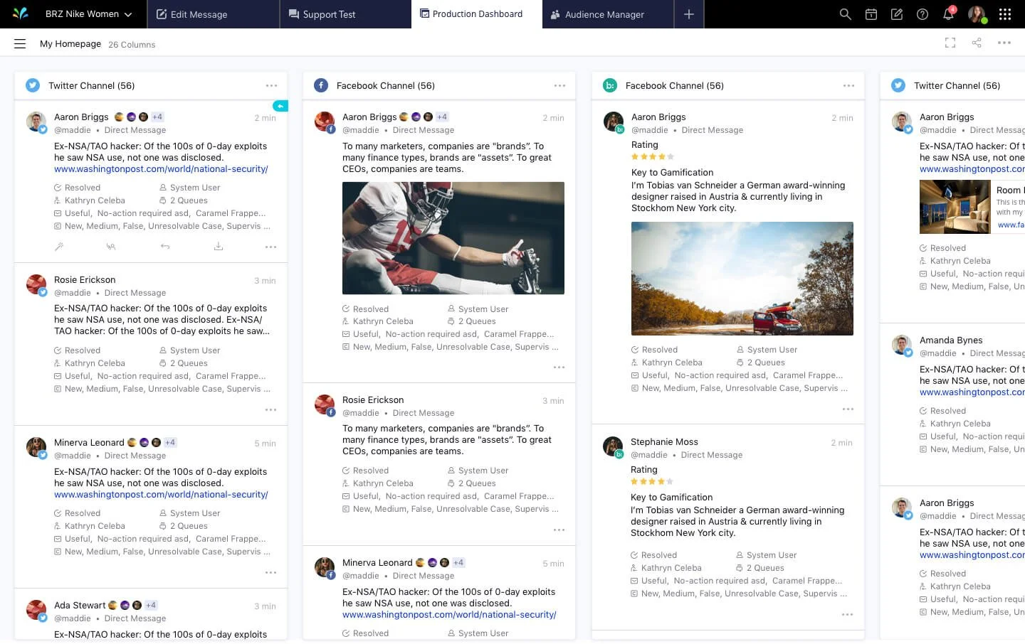Screenshot of a social media management tool displaying multiple channels including Twitter and Facebook with direct messages and posts. User names and brief message snippets are visible, with resolved status and queues noted. Images accompany some posts.