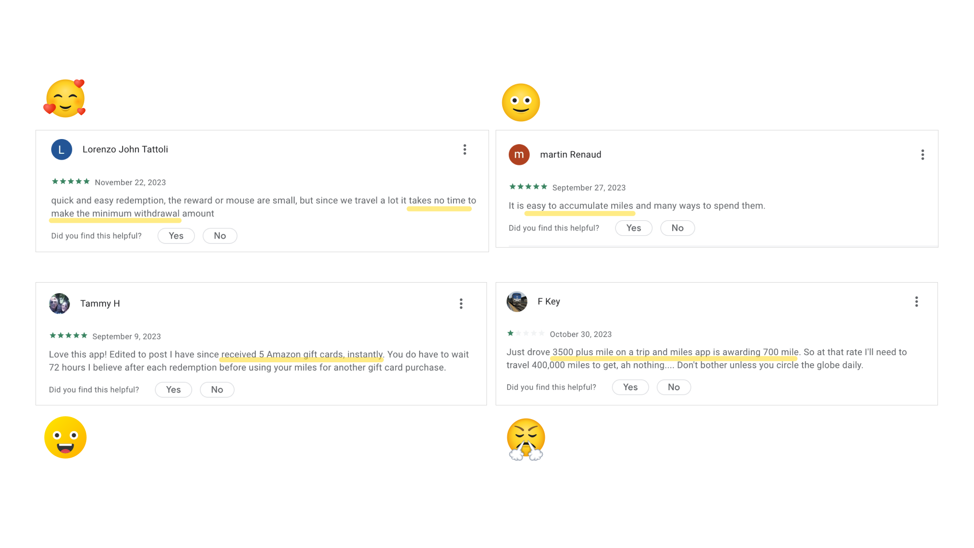 Four user reviews for a travel app are shown, including two positive five-star reviews and two lower-rated reviews, with accompanying emojis reflecting the sentiment of each review.