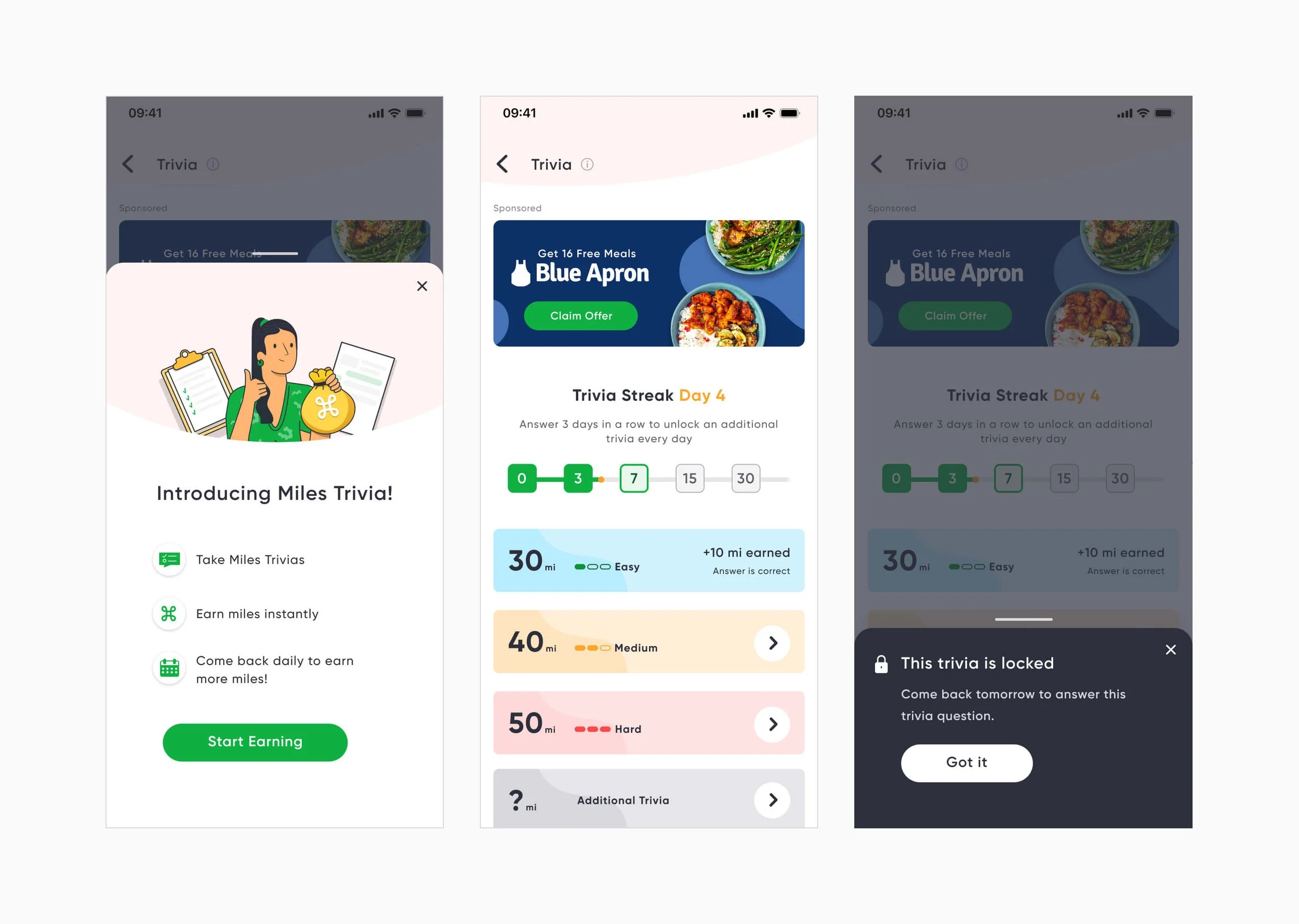 Screenshot of a mobile app showing three screens related to a trivia feature. The first screen introduces 'Miles Trivia' with options to earn miles. The second screen shows a trivia streak progress and details about trivia difficulty levels (easy, medium, hard). The third screen indicates a locked trivia question, with a message to return tomorrow.