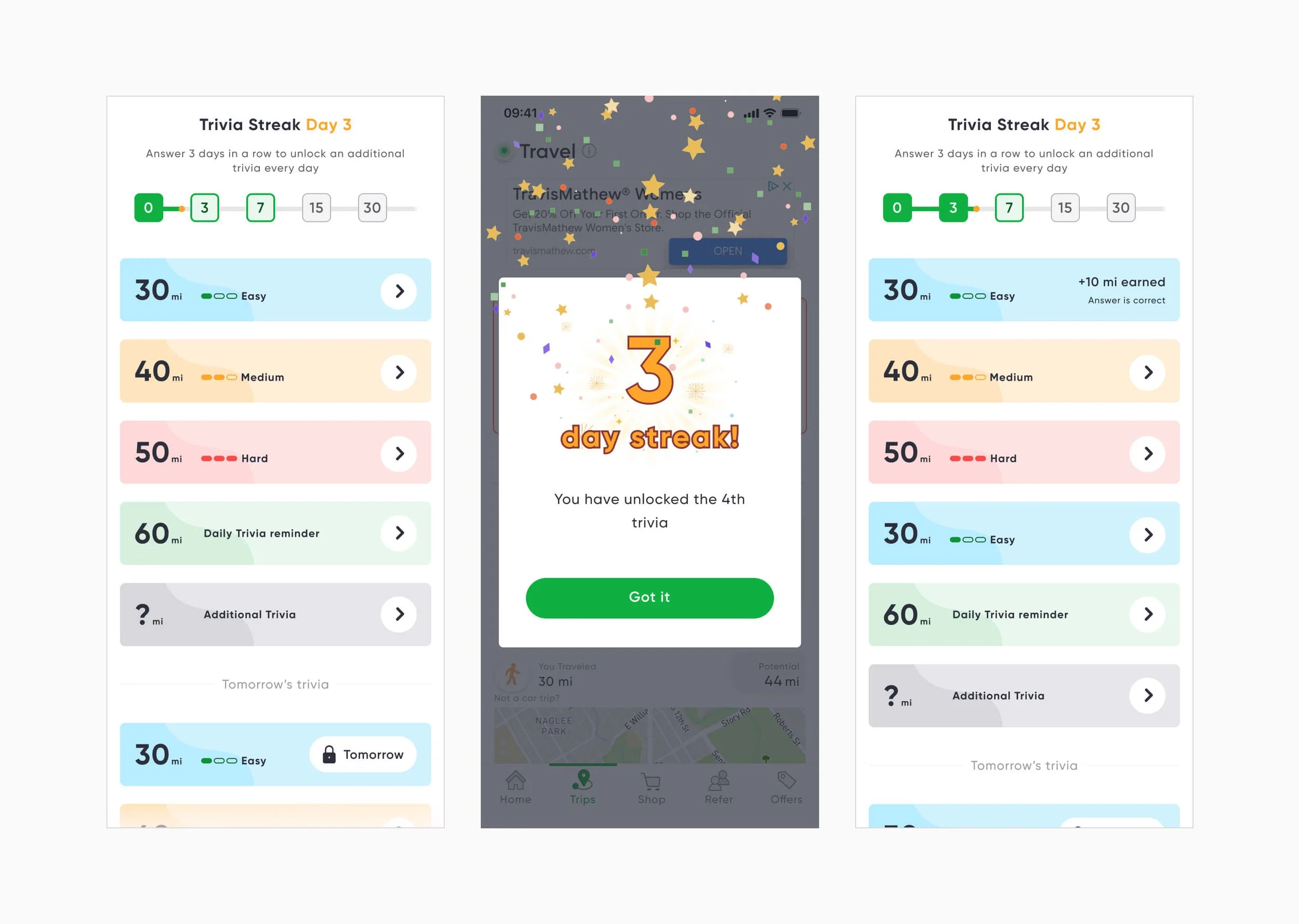 Mobile app interface showing a trivia game with various difficulty levels, a three-day trivia streak notification, and options for easy, medium, and hard trivia.