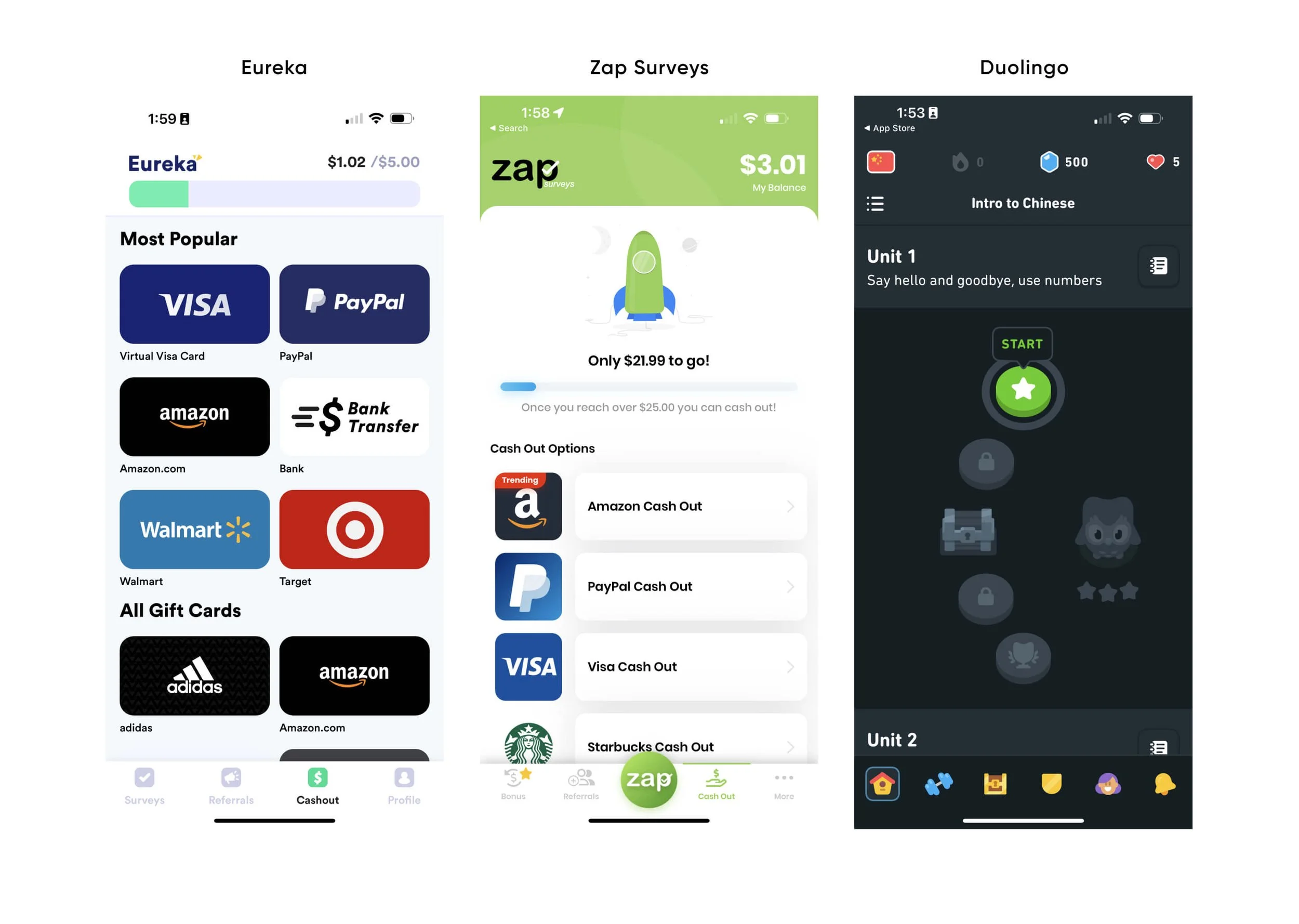 Comparison of three mobile app interfaces: Eureka, Zap Surveys, and Duolingo. Eureka shows cash-out options like Visa and PayPal. Zap Surveys indicates a cash balance and progress toward cash-out eligibility. Duolingo displays a language learning unit with options to start lessons.