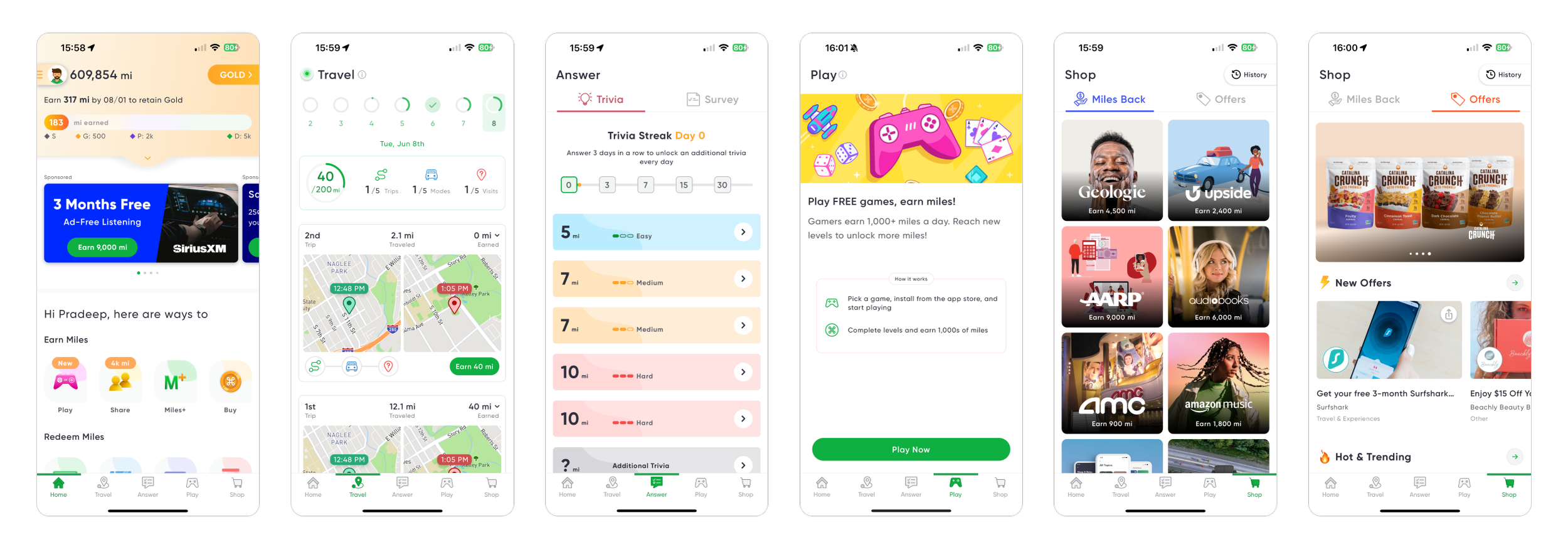 Screenshots of a mobile app interface showing earning miles through various activities. The first screen displays total earned miles and ways to earn more, such as playing games or redeeming offers. The second screen shows travel tracking and modes of transportation. The third screen offers trivia questions for earning miles. The fourth screenshot promotes playing games to earn miles. The fifth and sixth screens show offers from brands for earning miles and new promotions in the shop section.