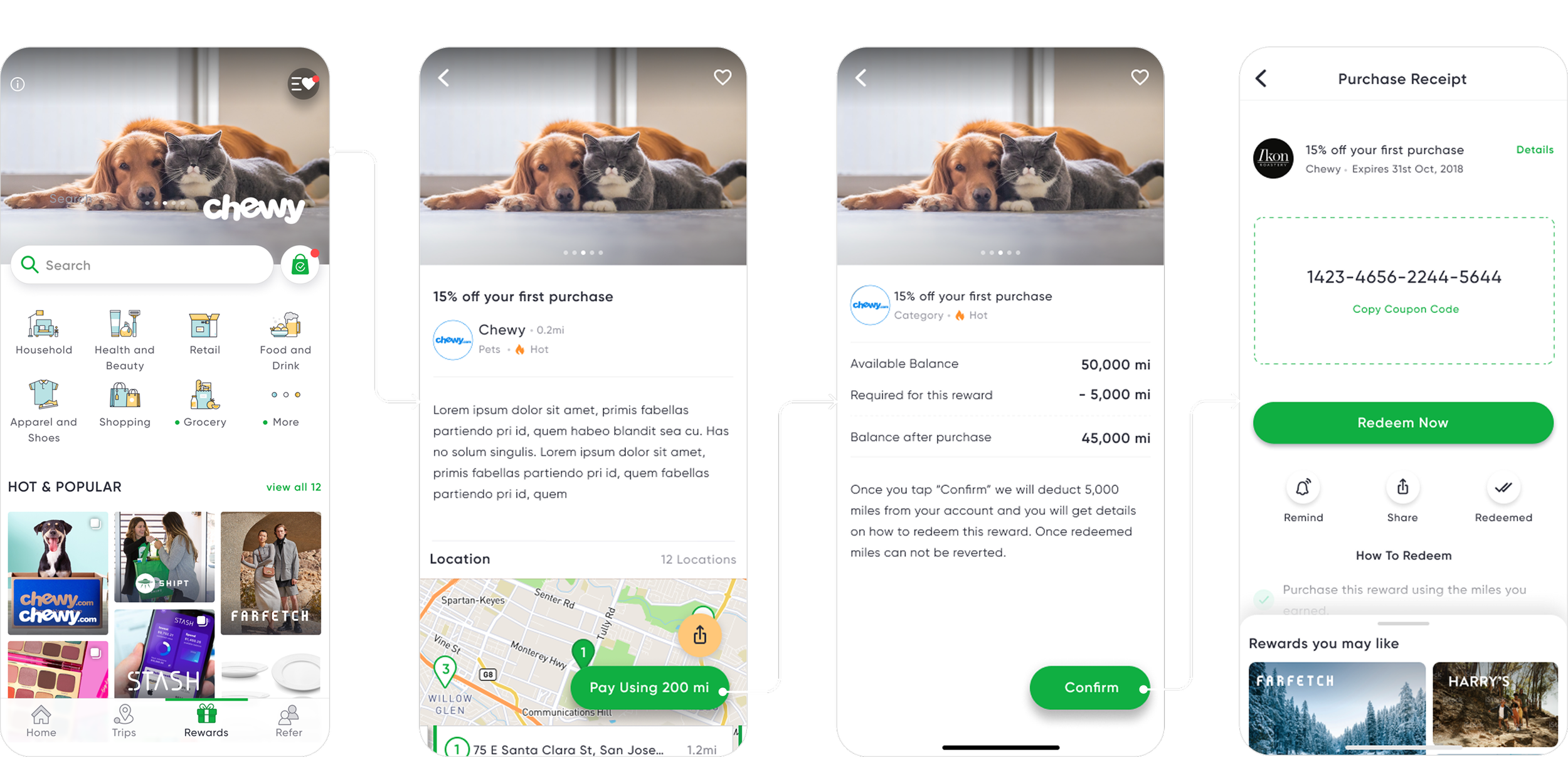 Mobile app interface showing rewards section with an offer from Chewy at 15% off the first purchase. Includes balance details, map for location, and a coupon code for redemption.