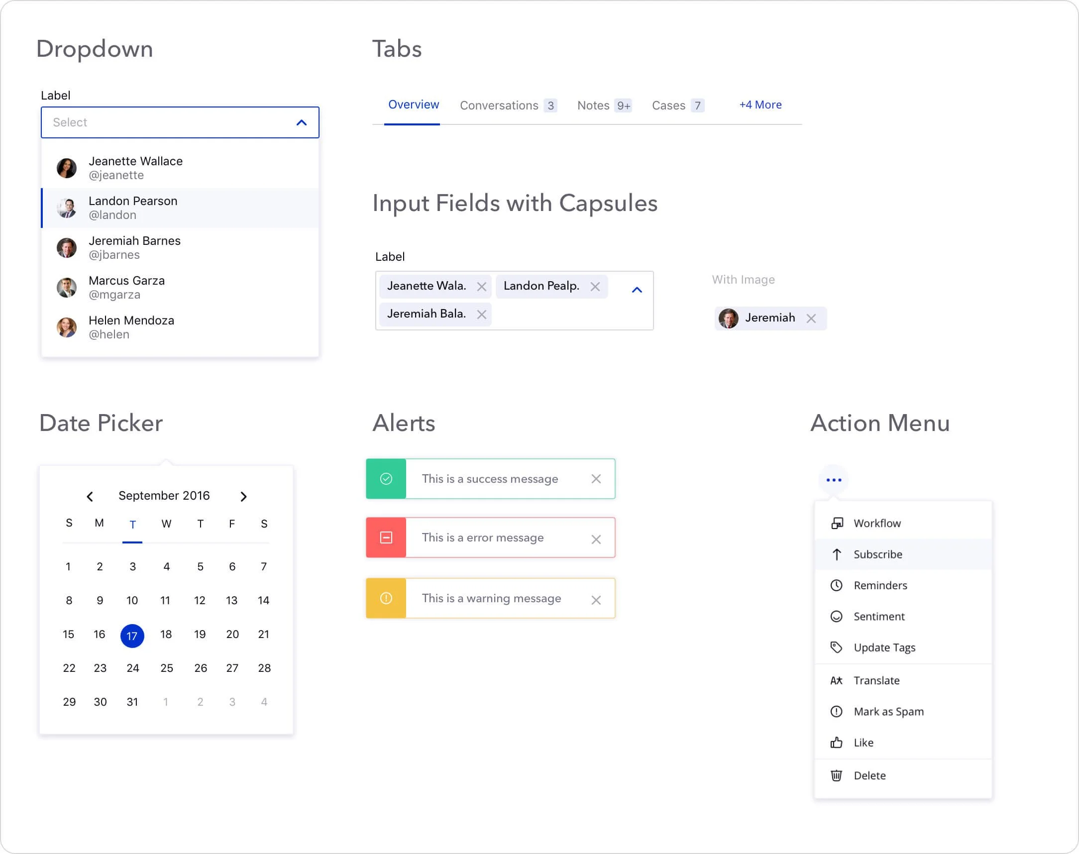 Interface design example with elements like dropdown menu, tabs, input fields with capsules, date picker, alerts, and action menu with options like workflow and delete.