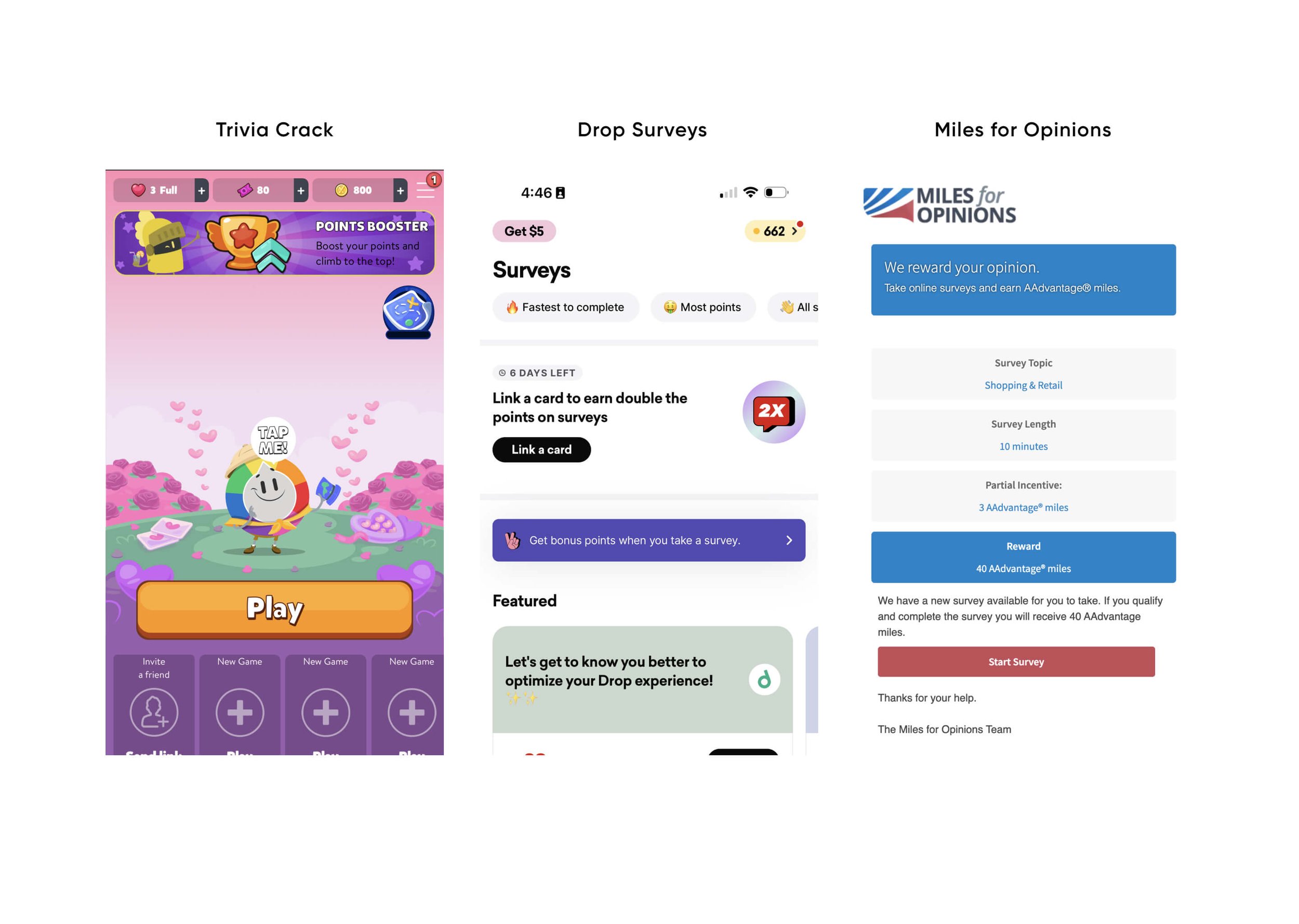 Screenshot collage of Trivia Crack game, Drop Surveys app, and Miles for Opinions survey platform.