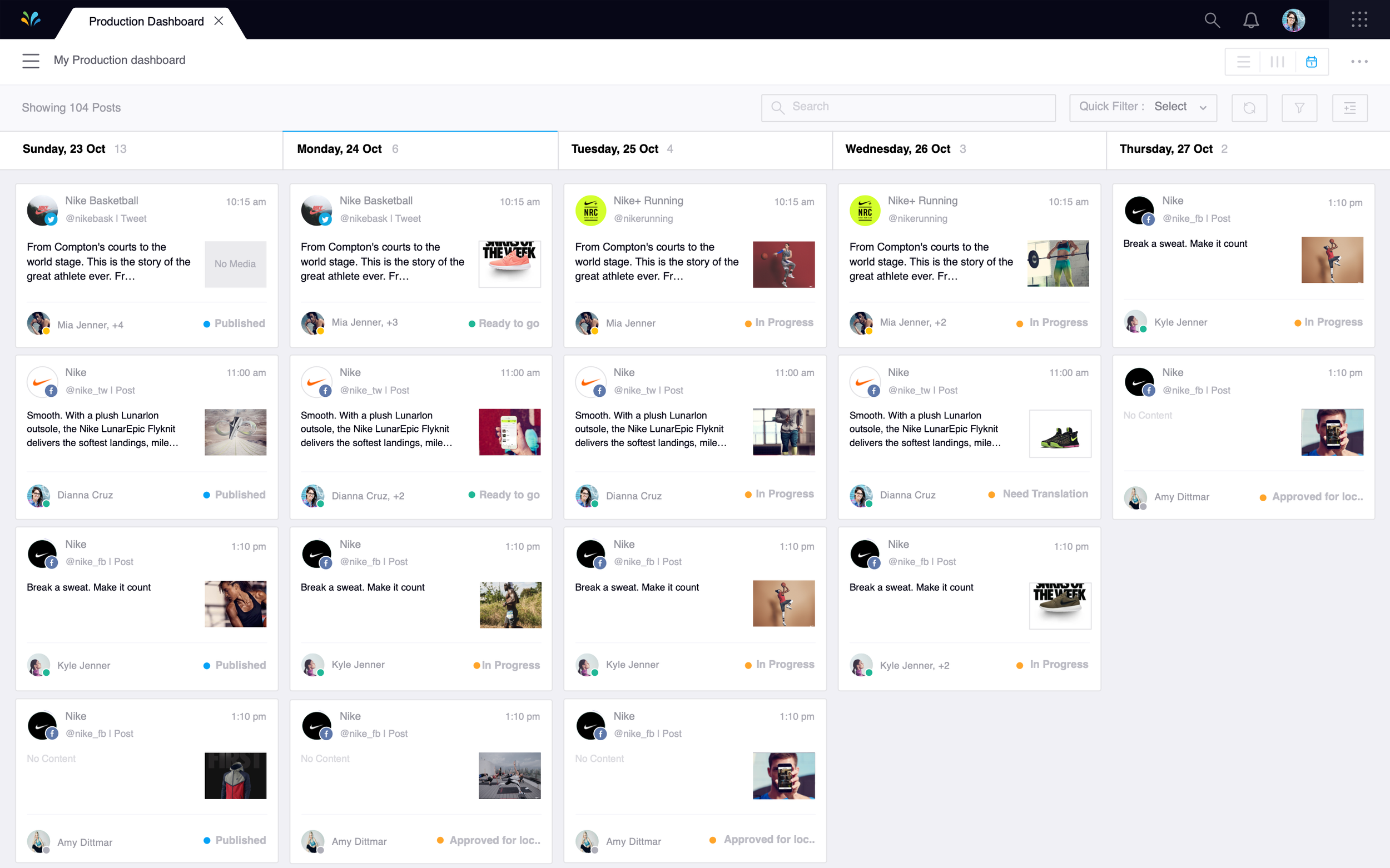 Social media management dashboard displaying a content calendar for posts. It includes columns for different days, with scheduled posts for Nike's social media accounts. Each post shows the date, time, content preview, and status such as 'Published,' 'Ready to go,' or 'In Progress.'