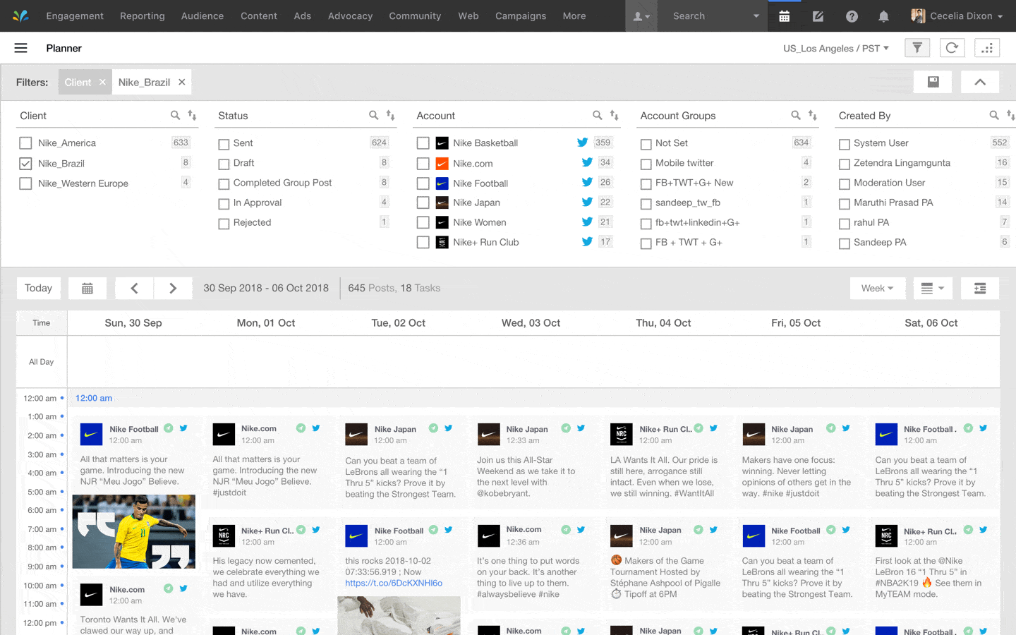 Social media content calendar displaying posts for various Nike accounts, with filters and options for selecting clients, status, and account groups. Dates range from September 30 to October 6, 2018, showing posts scheduled for different times.