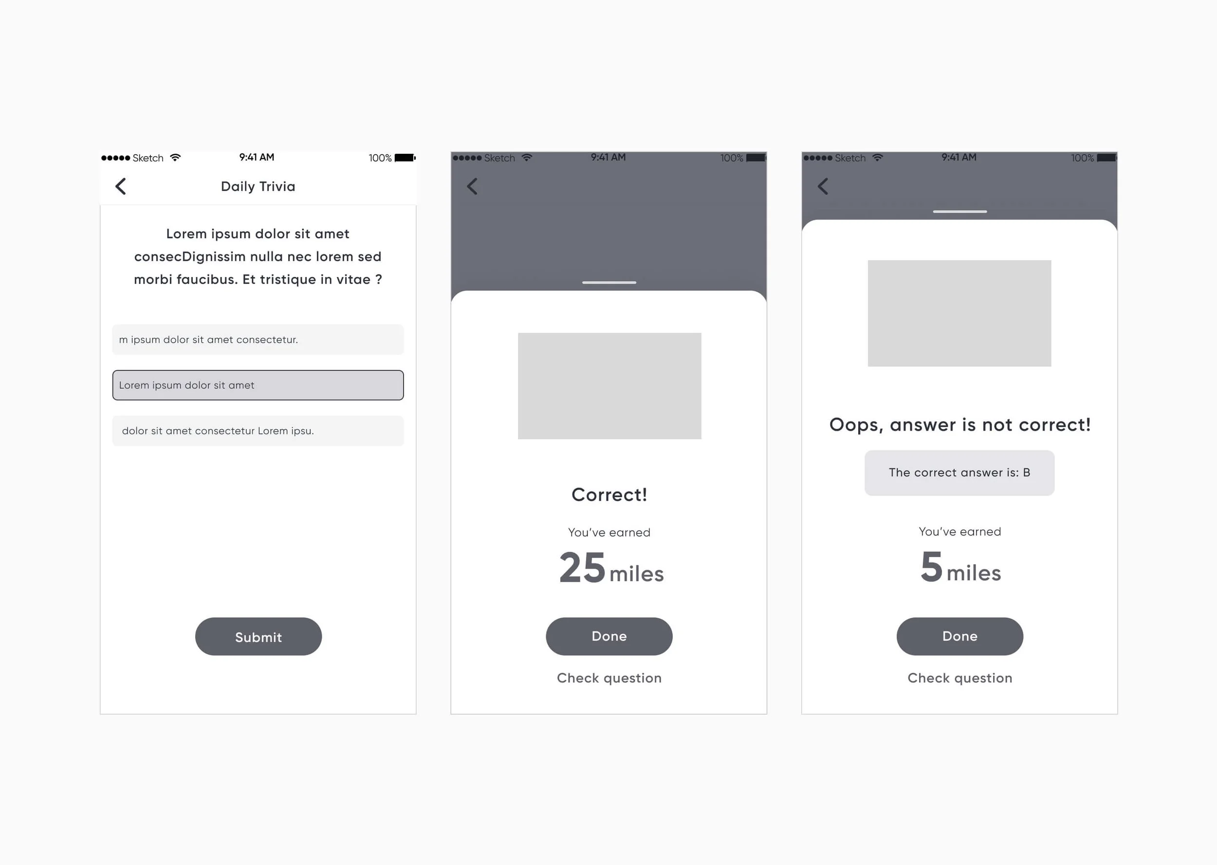 Three mobile app screens showing a trivia game interface. The first screen displays a multiple-choice question with options and a submit button. The second screen shows a correct answer result, awarding 25 miles. The third screen displays an incorrect answer message, awarding 5 miles, with the option to see the correct answer.