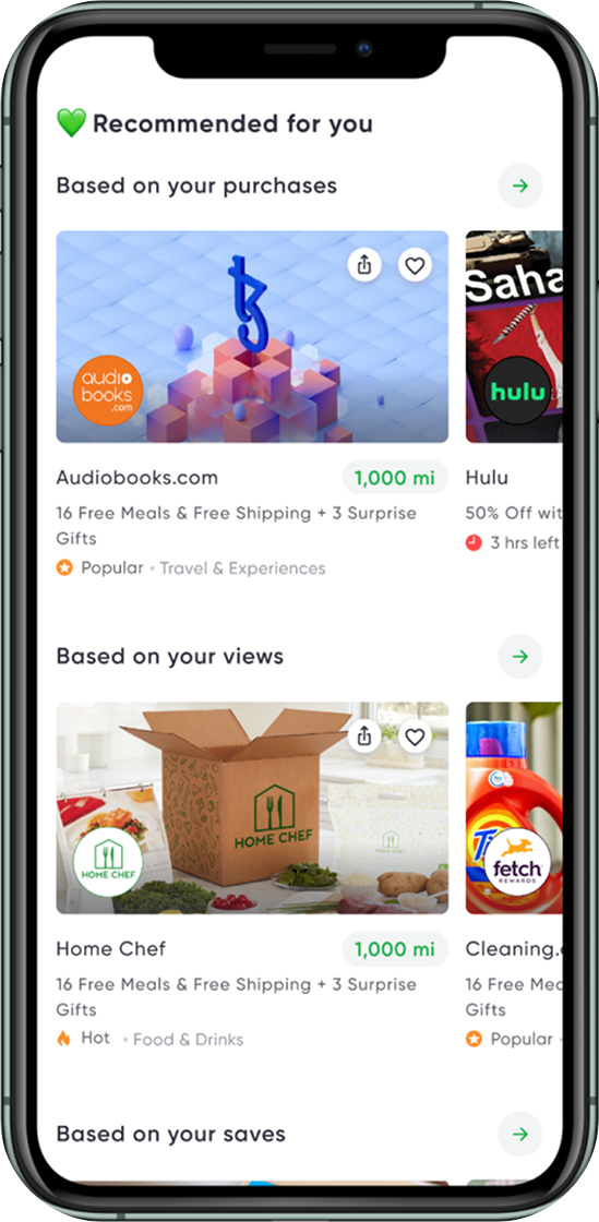 Smartphone displaying a recommendation app interface with offers from Audiobooks.com, Hulu, Home Chef, and Fetch Rewards based on user activity.