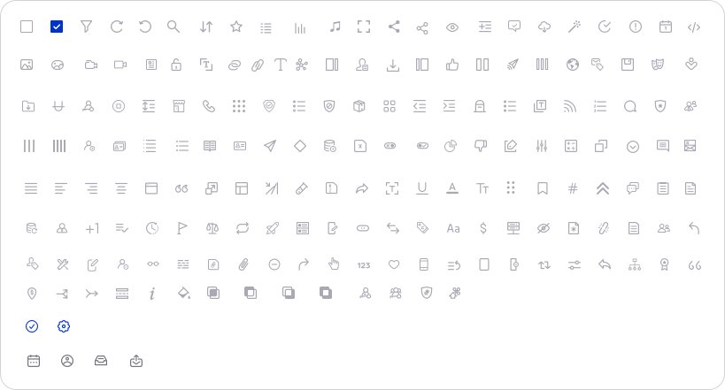 A grid displaying various monochrome icons, each representing different functions or applications like search, settings, document, user, and others, commonly used in user interfaces.
