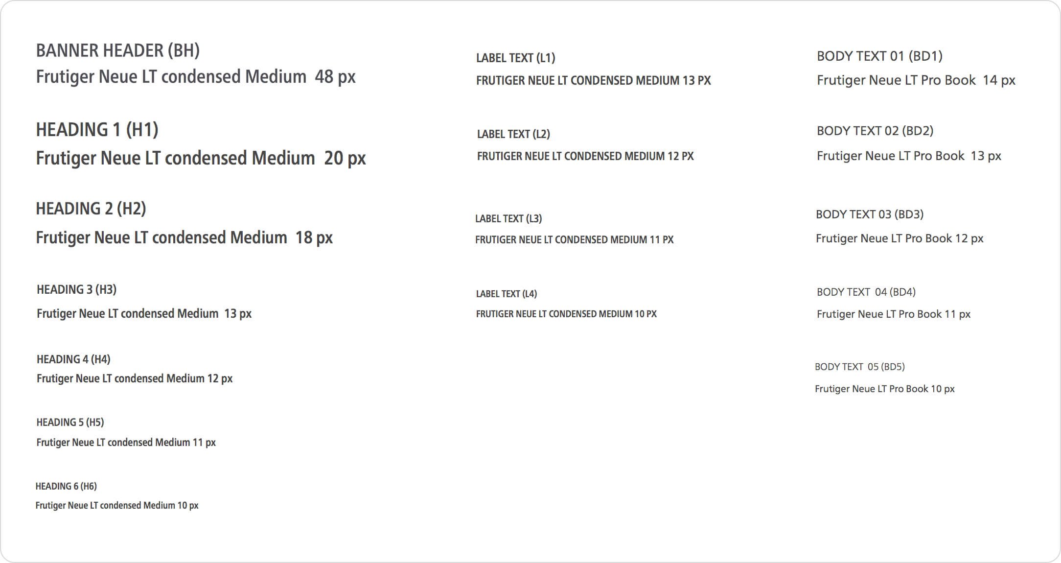 Text showing font specifications for banner headers, headings, label text, and body text using Frutiger Neue LT and Frutiger Neue LT Pro typefaces in various sizes.