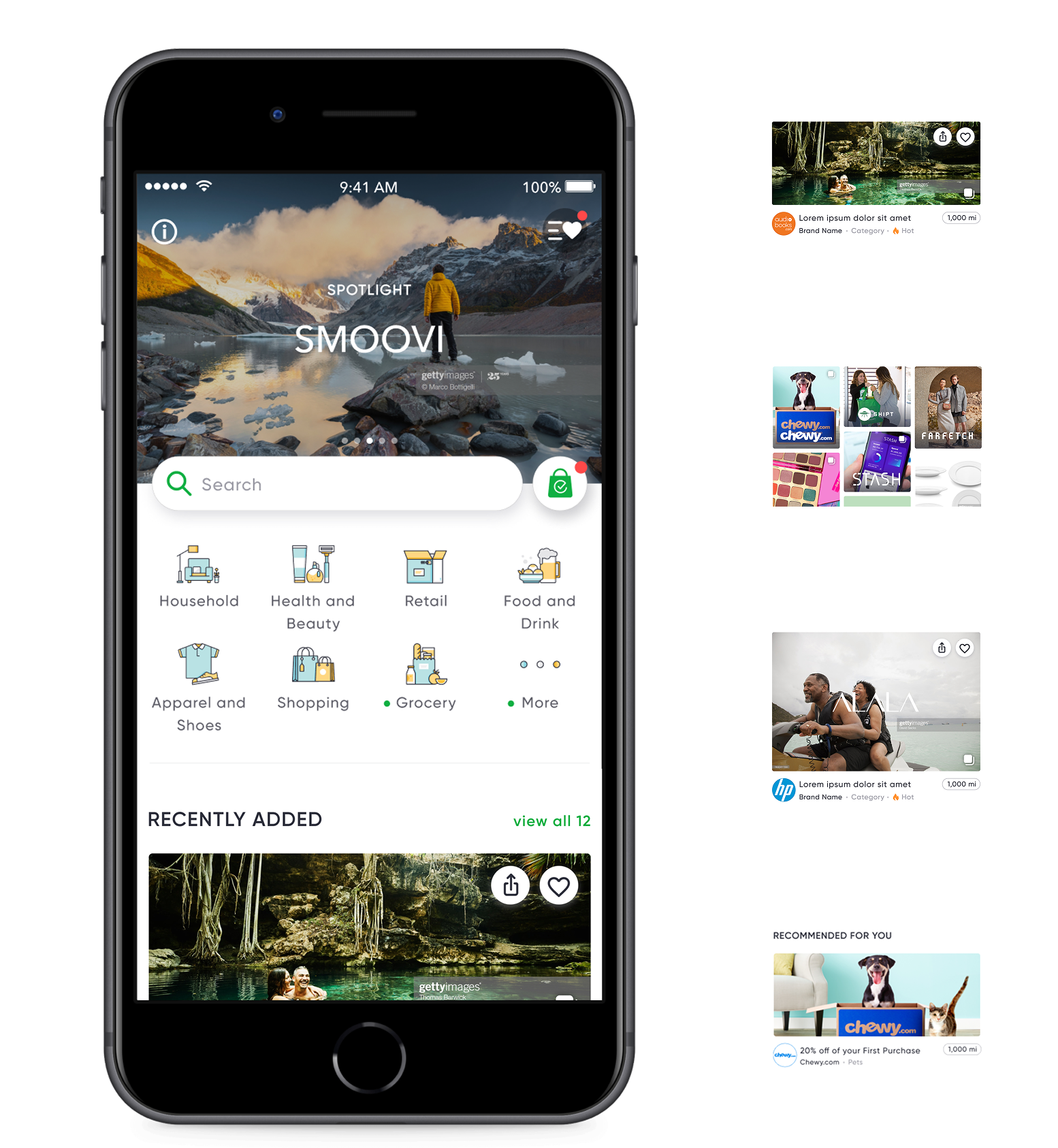Mobile phone showing the Smoovi app interface with categories like Household, Health, Retail, and Food. Side panels display Recently Added offers, Hot & Trending items, Premium Rewards, and personalized recommendations.