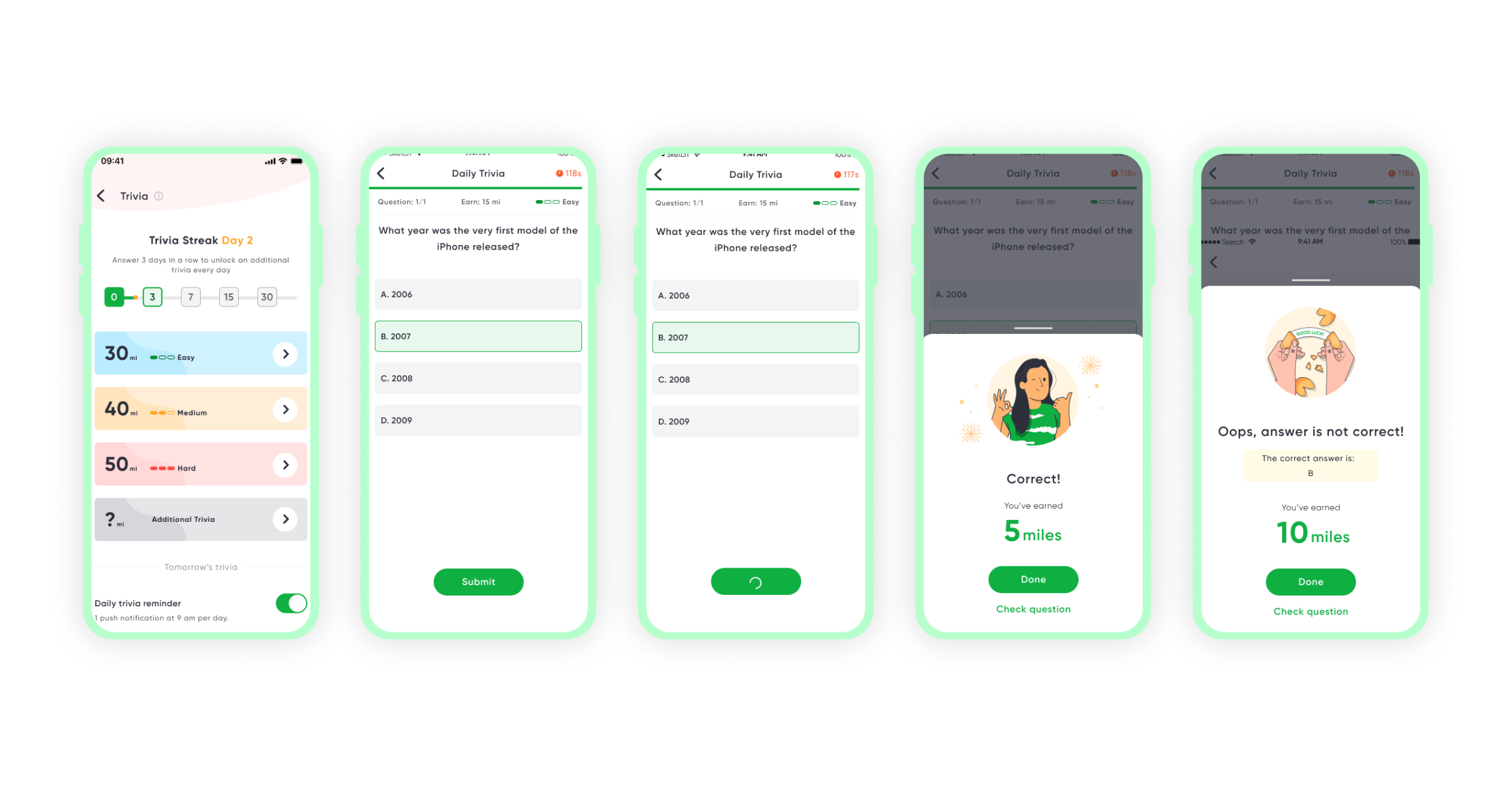 Five smartphone screens displaying a trivia app interface with questions about the first iPhone release year, showing options, a correct answer, and a wrong answer with feedback and rewards in miles.