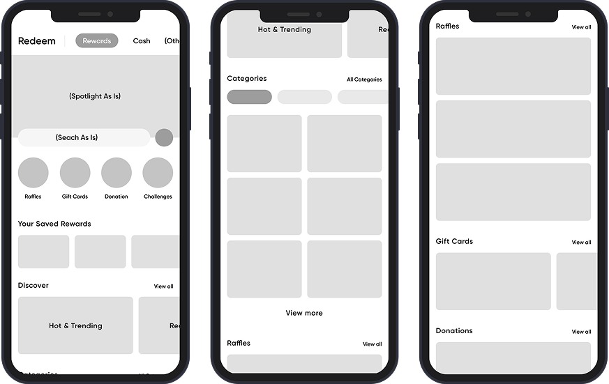 Three smartphone screens displaying a mockup of a rewards app interface with sections for raffles, gift cards, donations, and challenges. Categories and saved rewards are also shown.