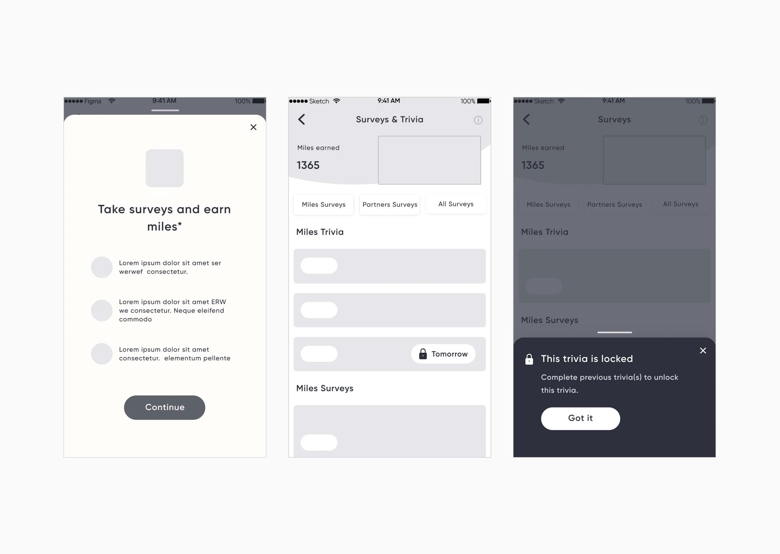 Mobile app interface mockups featuring a survey and trivia section with options to earn miles. Shows survey lists, locked trivia, and a message box for survey completion.