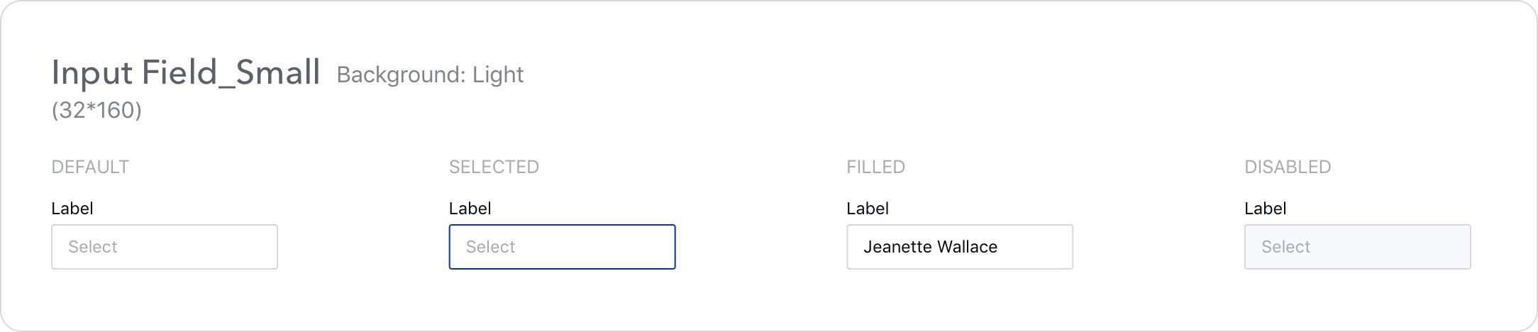 Four small text input fields labeled as Default, Selected, Filled, and Disabled, under "Input Field_Small Background: Light (32*160)." The fields display different states: "Select," an outlined field, "Jeanette Wallace," and a grayed-out "Select."
