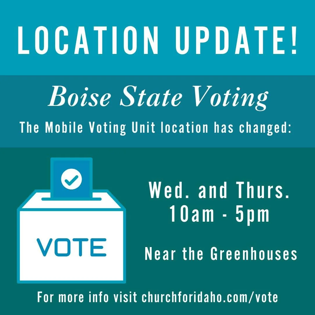 📢We have an updated location for the Mobile Voting Location at Boise State. Ada County Elections will be parked at near the greenhouses at 2101 W Cesar Chavez Ln. from 10AM - 5PM this Wednesday and Thursday.

Check voting off your to-do list and loc