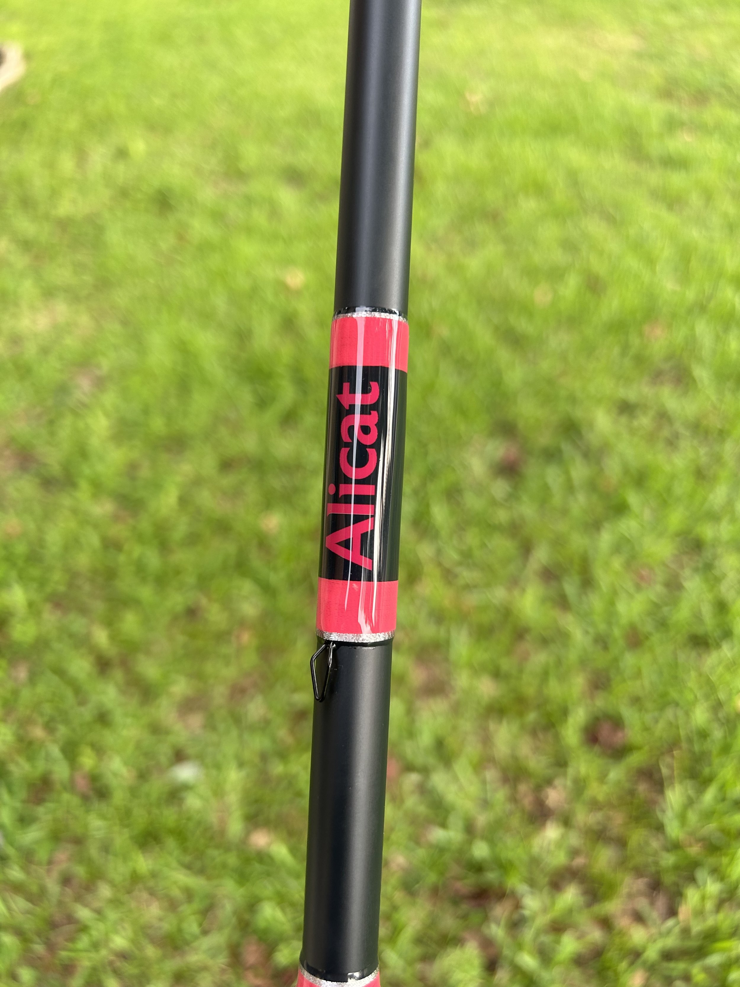 Close-up of a black fishing rod with a red and black label that reads 'Aletic' against a blurred green grassy background.