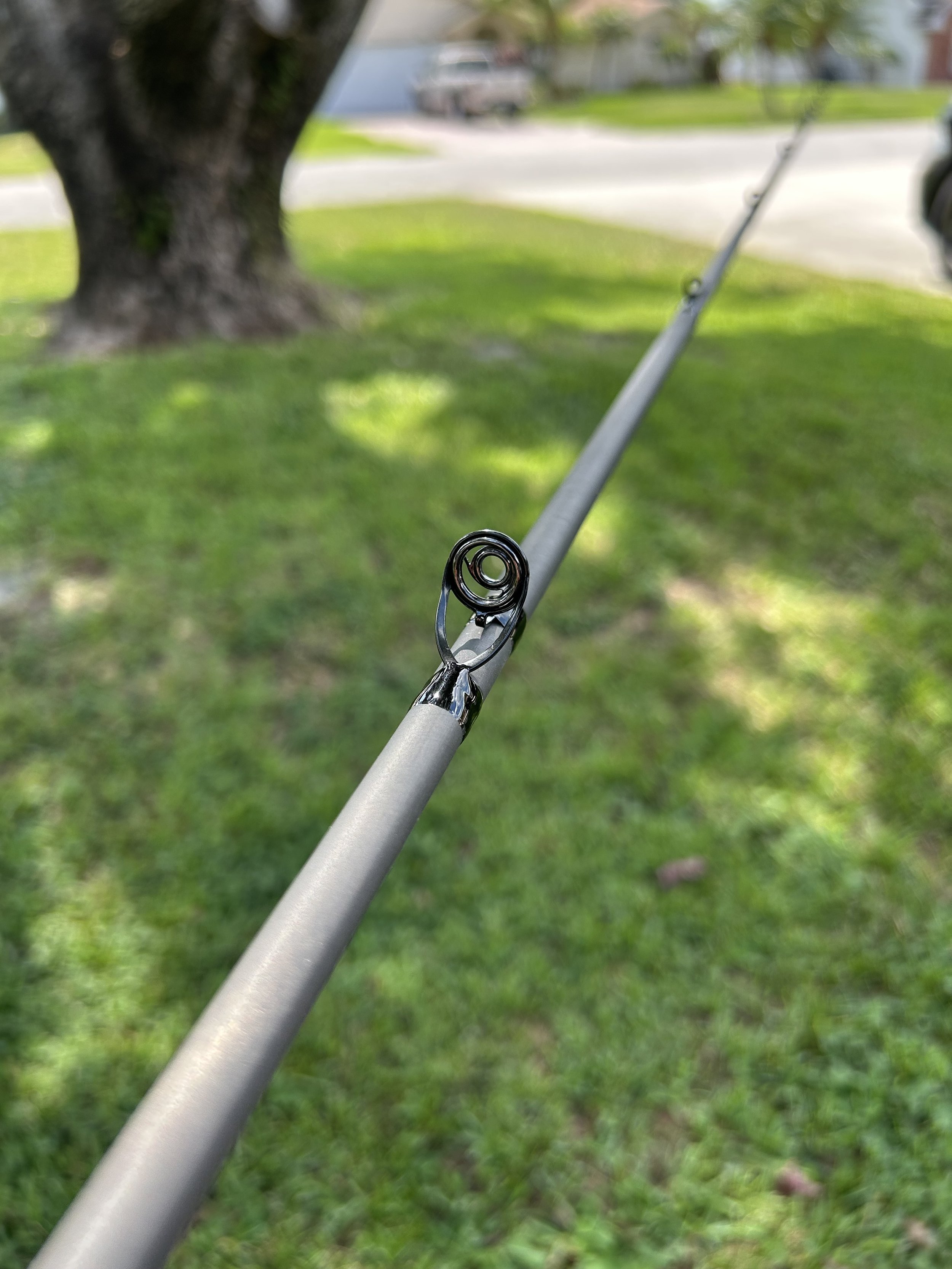 Close-up of a fishing rod on a grassy area with a large tree trunk and a street visible in the background.