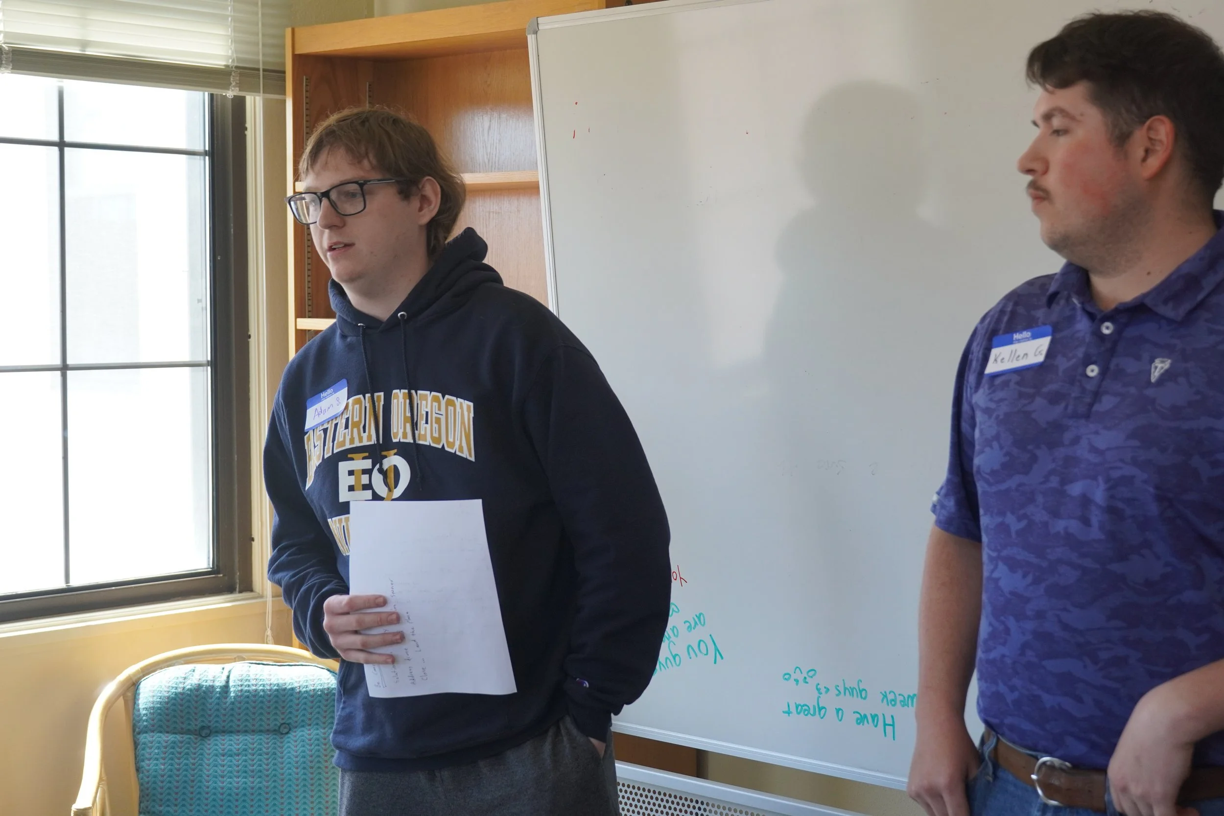 EOU Adam Smith and EOU alum Kellen Grant practice their pitch before presenting to judges at the 2026 EO Innovation Jam