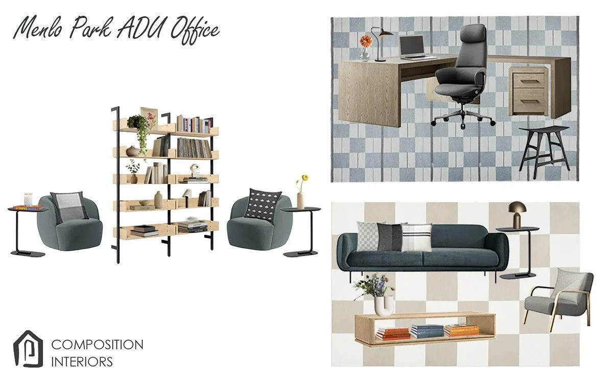 The best home offices are the ones that you can work, lounge, play, and nap in! In this open floor plan ADU, area rugs designate each space and furnishings for every need allow for work productivity, business meetings, video gaming, and a much needed