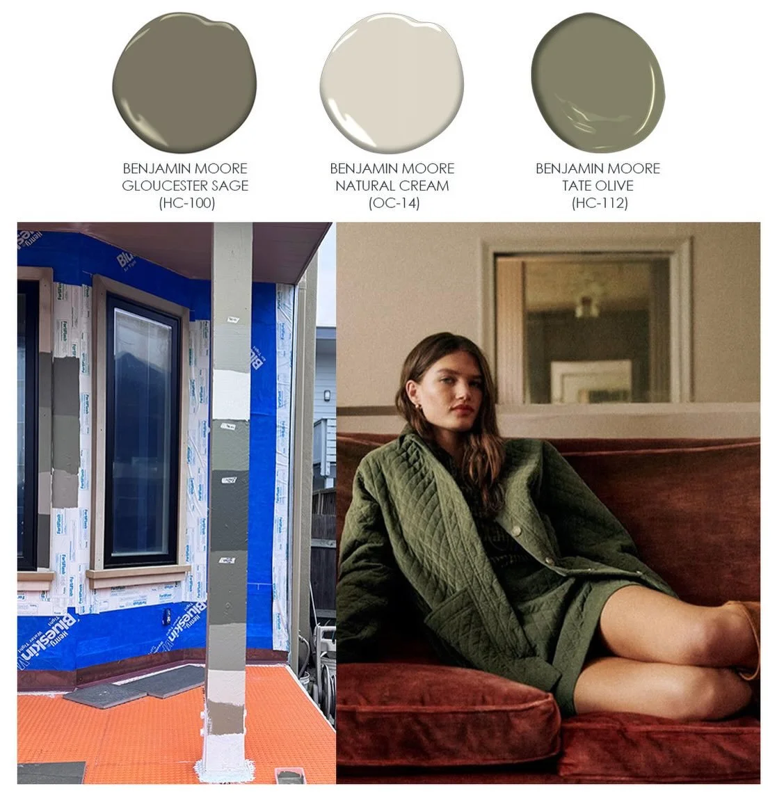 My favorite khaki green quilted @sezane jacket became the unexpected inspiration for a recent westside Santa Cruz paint consultation project. I can&rsquo;t wait to see how these @benjaminmoore classics bring new life to this lovely home!