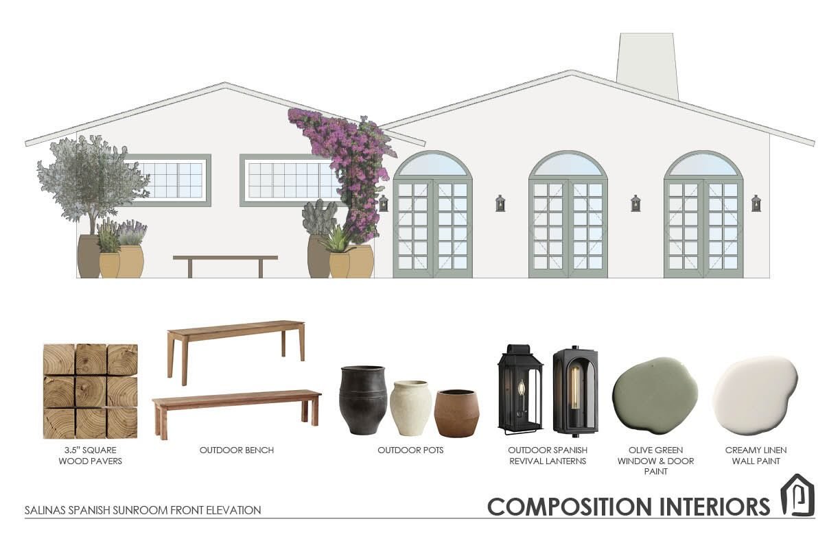 What is currently an outdoor patio will soon be a Sunroom that can be enjoyed rain or shine! Arched doors, Spanish Revival lanterns, smooth stucco, wood pavers, and terracotta pots set the scene at the entrance.