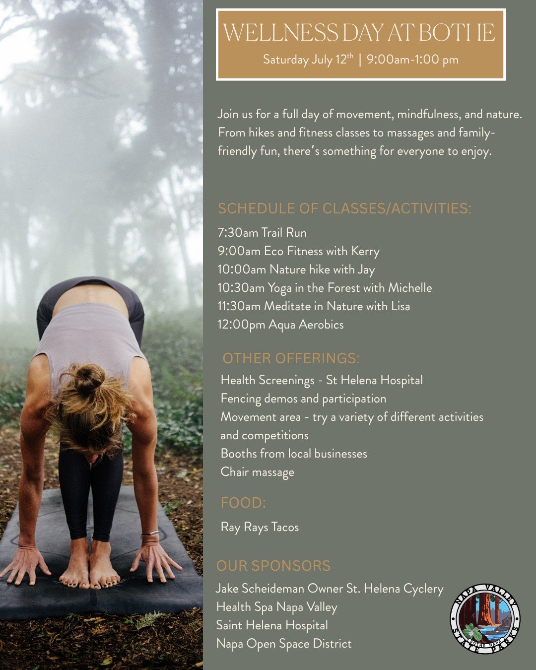 Join us for Wellness Day at Bothe-Napa Valley State Park on Saturday, July 12 from 9AM&ndash;1PM &mdash; a community celebration of movement, mindfulness, and outdoor joy.

From energizing hikes to fencing demos and water aerobics to peaceful yoga un