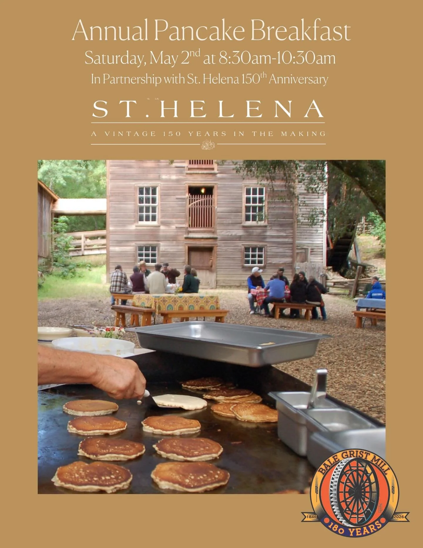 Come spend the morning with us at&nbsp;Bale Grist Mill State Historic Park&nbsp;for our annual Pancake Breakfast! Good food, fresh air, and time with friends, family, and neighbors in one of the most special spots in Napa Valley.

This year&rsquo;s b